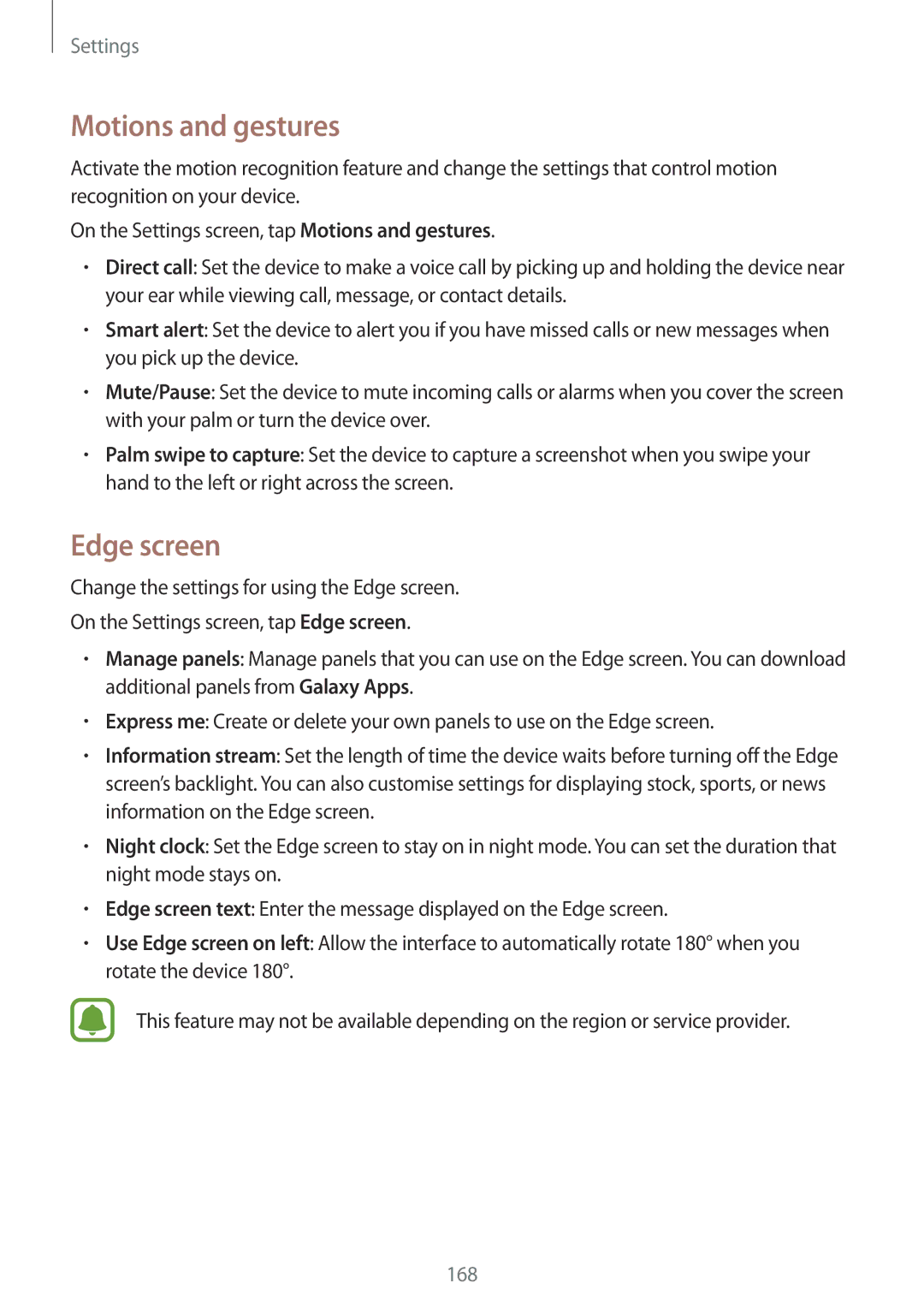 Samsung SM-N915FZKYXEO, SM-N915FZWYEUR, SM-N915FZKYATO, SM-N915FZWYTPH, SM-N915FZKYTPH manual Motions and gestures, Edge screen 