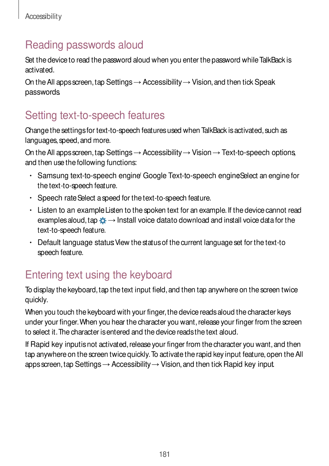 Samsung SM-N915FZWYNEE manual Reading passwords aloud, Setting text-to-speech features, Entering text using the keyboard 