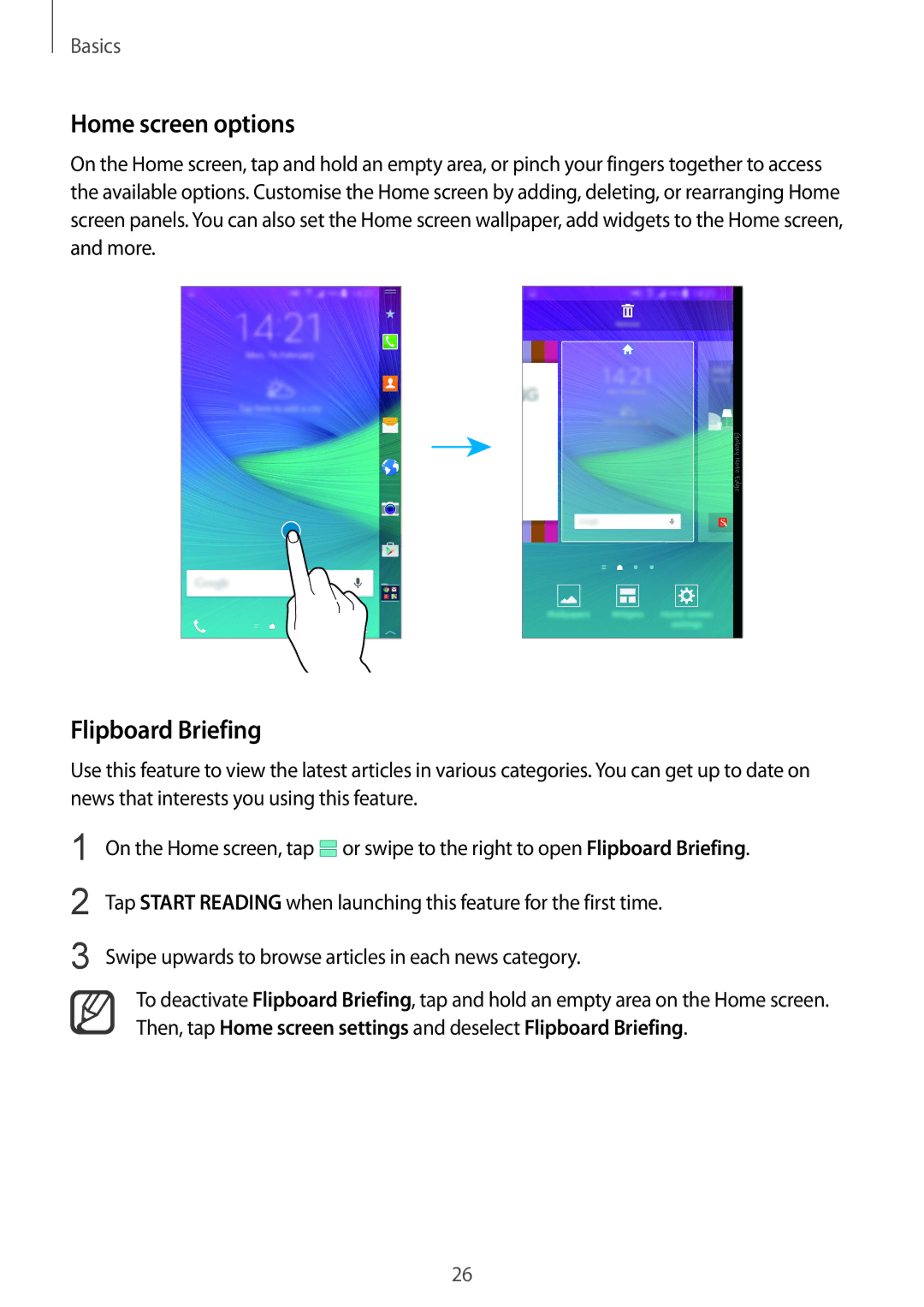 Samsung SM-N915FZWYNEE, SM-N915FZWYEUR, SM-N915FZKYATO, SM-N915FZWYTPH manual Home screen options, Flipboard Briefing 