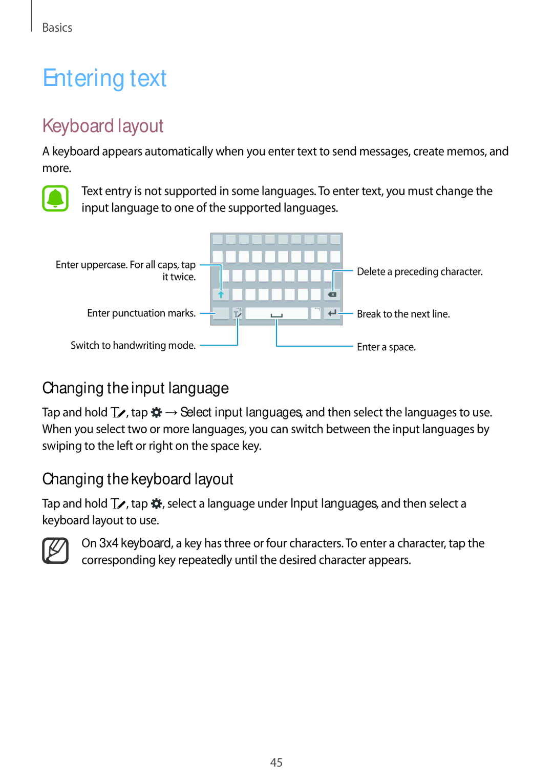 Samsung SM-N915FZKYAUT manual Entering text, Keyboard layout, Changing the input language, Changing the keyboard layout 