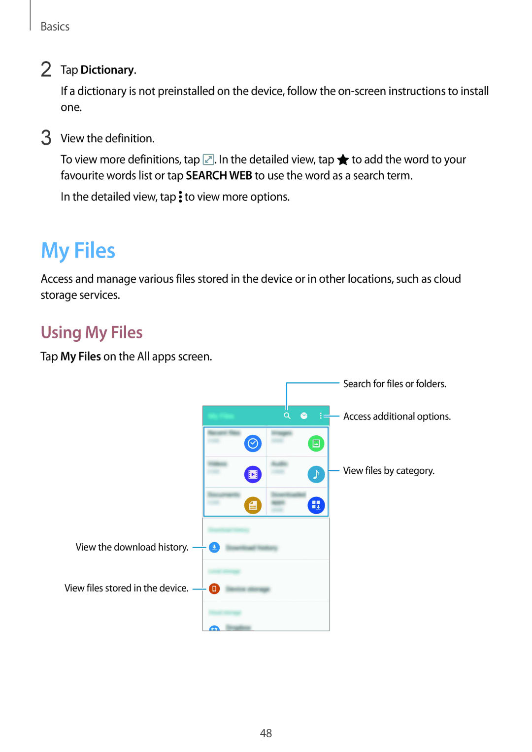 Samsung SM-N915FZKYPHE, SM-N915FZWYEUR manual Using My Files, Tap Dictionary, Detailed view, tap to view more options 