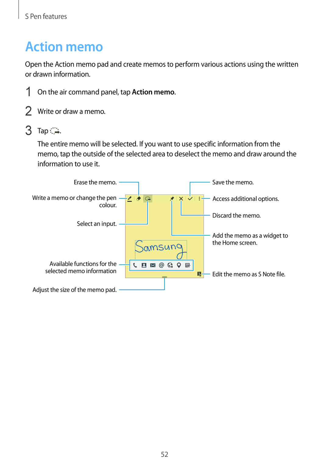 Samsung SM-N915FZWYORX, SM-N915FZWYEUR, SM-N915FZKYATO, SM-N915FZWYTPH, SM-N915FZKYTPH, SM-N915FZWYXEO manual Action memo 