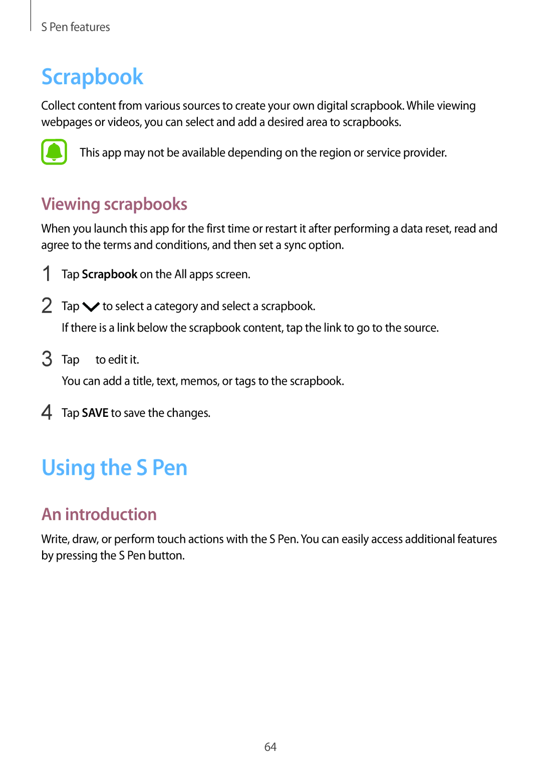 Samsung SM-N915FZWYTPH, SM-N915FZWYEUR, SM-N915FZKYATO, SM-N915FZKYTPH manual Scrapbook, Using the S Pen, Viewing scrapbooks 