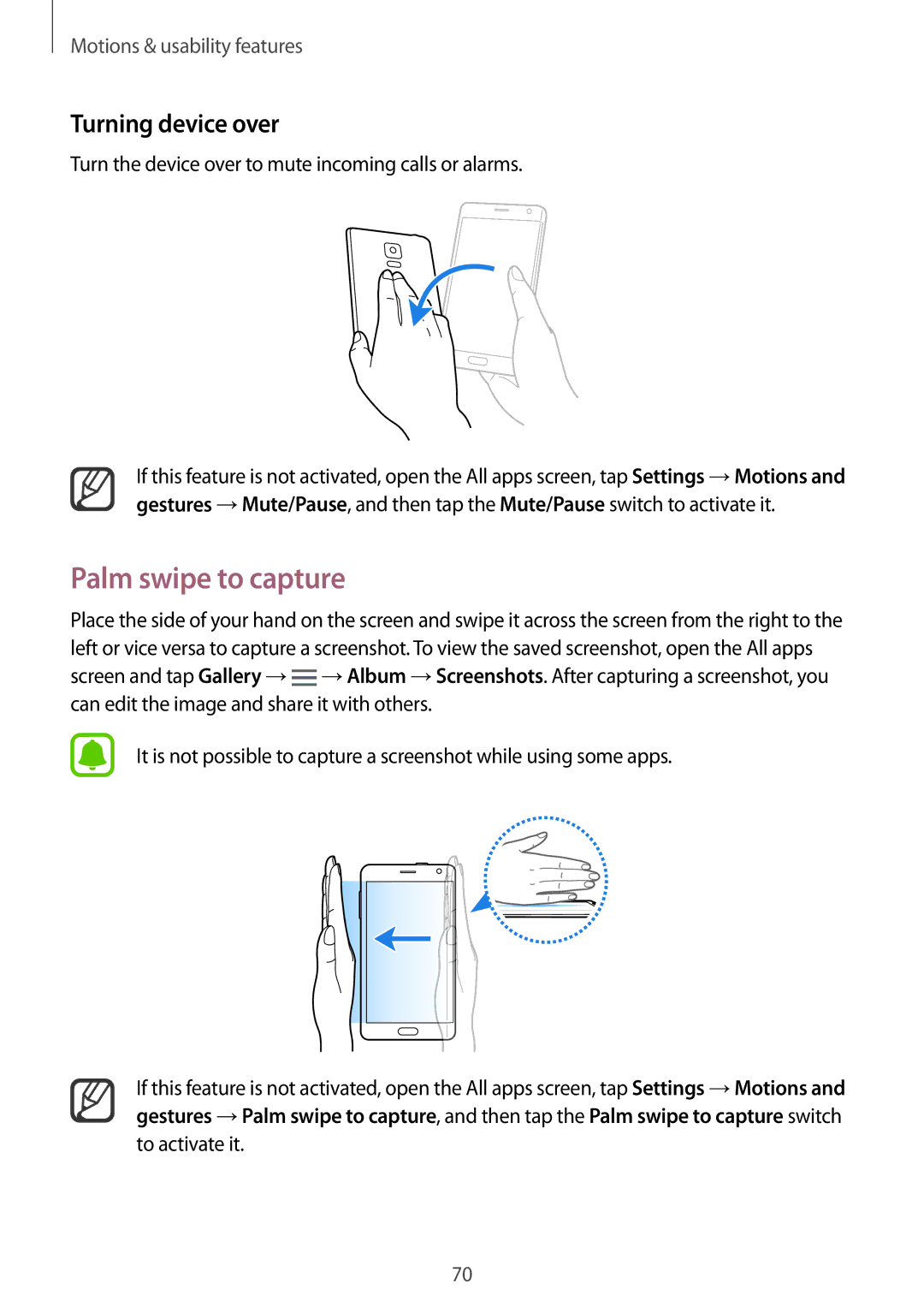 Samsung SM-N915FZKYSEB Palm swipe to capture, Turning device over, Turn the device over to mute incoming calls or alarms 