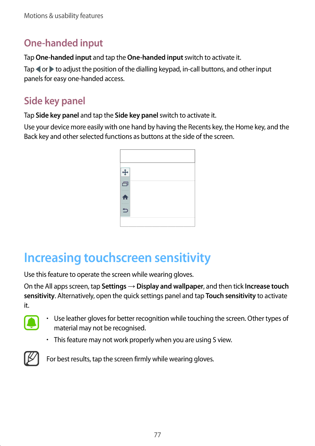 Samsung SM-N915FZKYITV, SM-N915FZWYEUR, SM-N915FZKYATO Increasing touchscreen sensitivity, One-handed input, Side key panel 