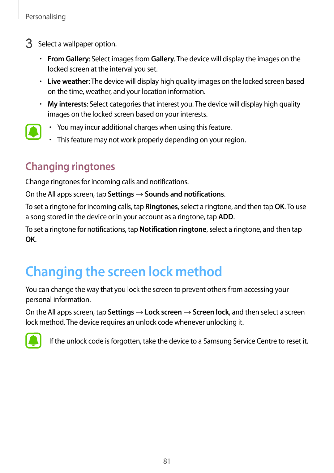 Samsung SM-N915FZKYBGL, SM-N915FZWYEUR, SM-N915FZKYATO, SM-N915FZWYTPH Changing the screen lock method, Changing ringtones 