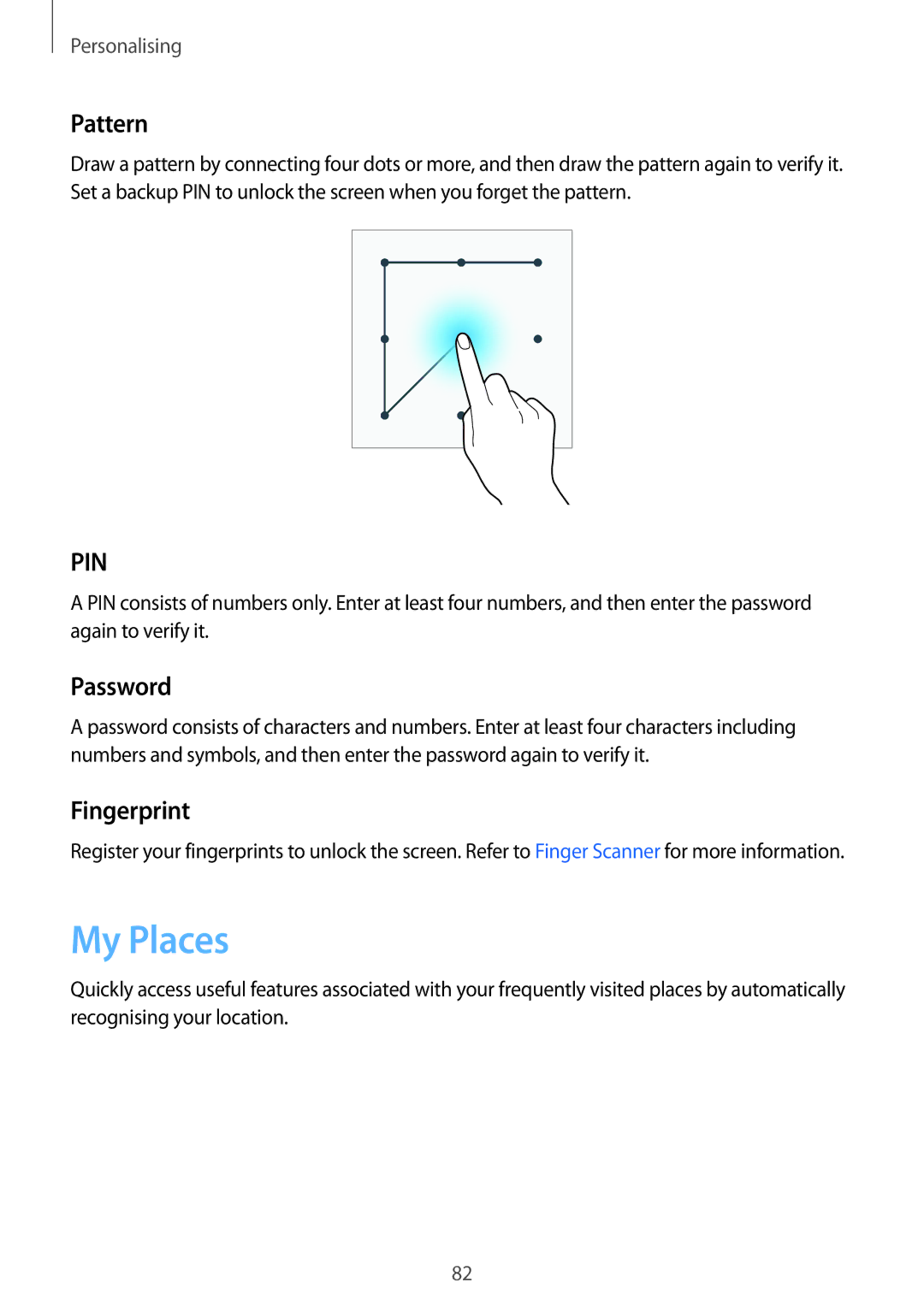 Samsung SM-N915FZWYXEH, SM-N915FZWYEUR, SM-N915FZKYATO, SM-N915FZWYTPH manual My Places, Pattern, Password, Fingerprint 