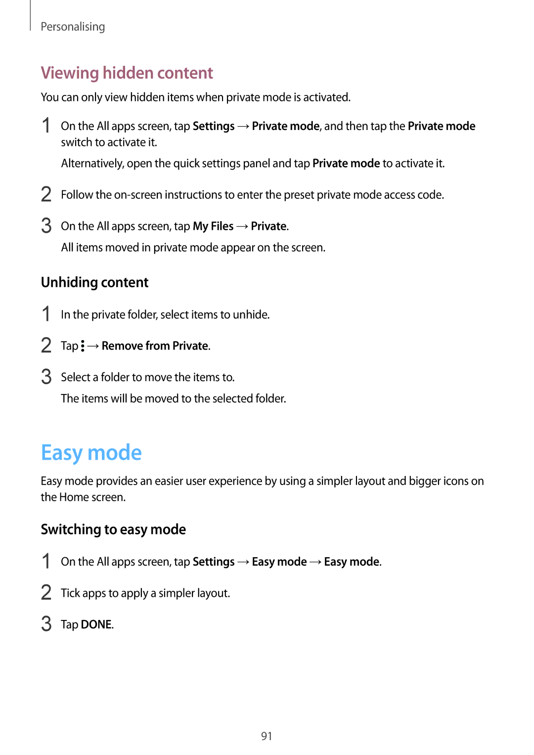 Samsung SM-N915FZWESER, SM-N915FZWYEUR manual Easy mode, Viewing hidden content, Unhiding content, Switching to easy mode 