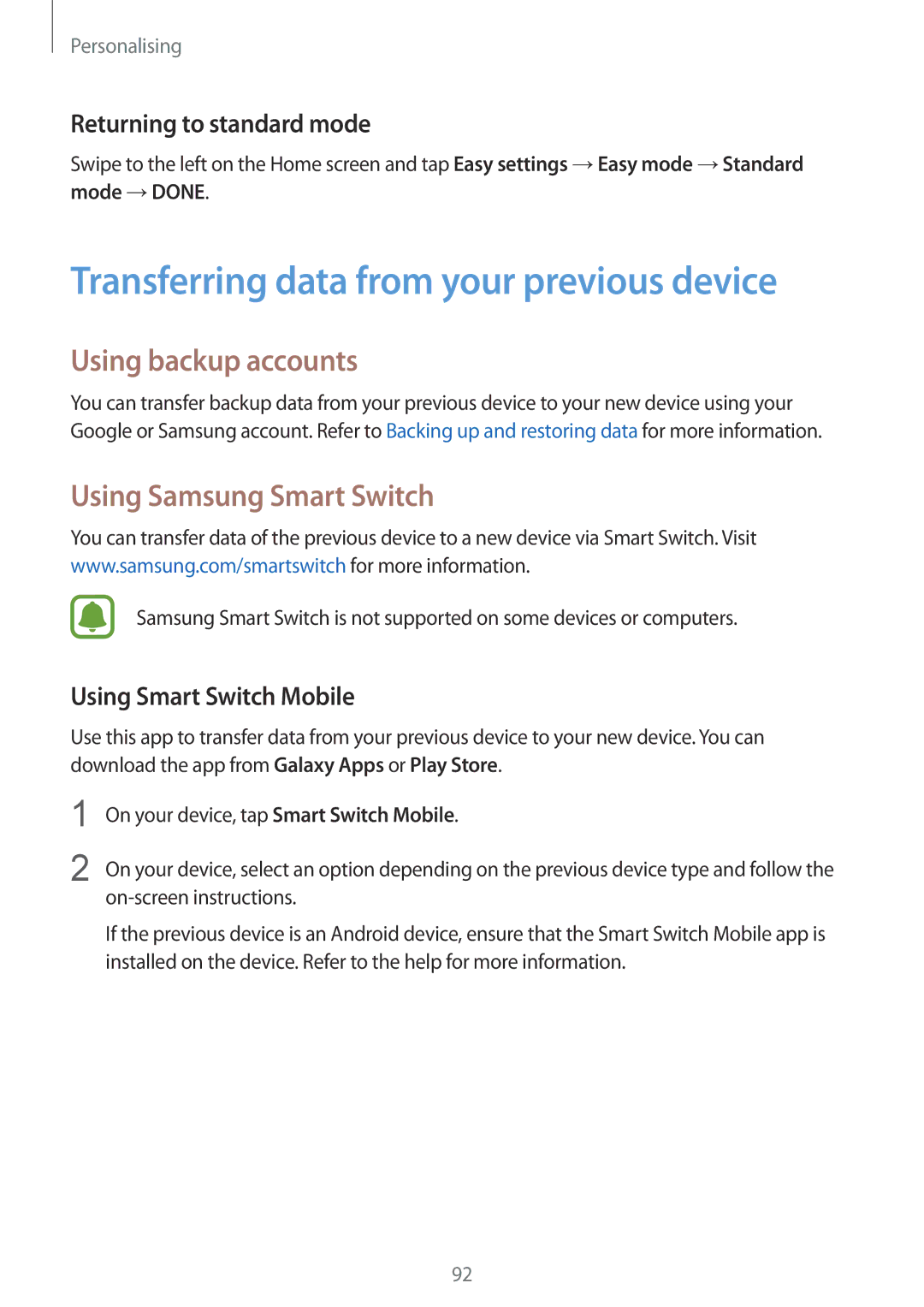 Samsung SM-N915FZKESER Transferring data from your previous device, Using backup accounts, Using Samsung Smart Switch 