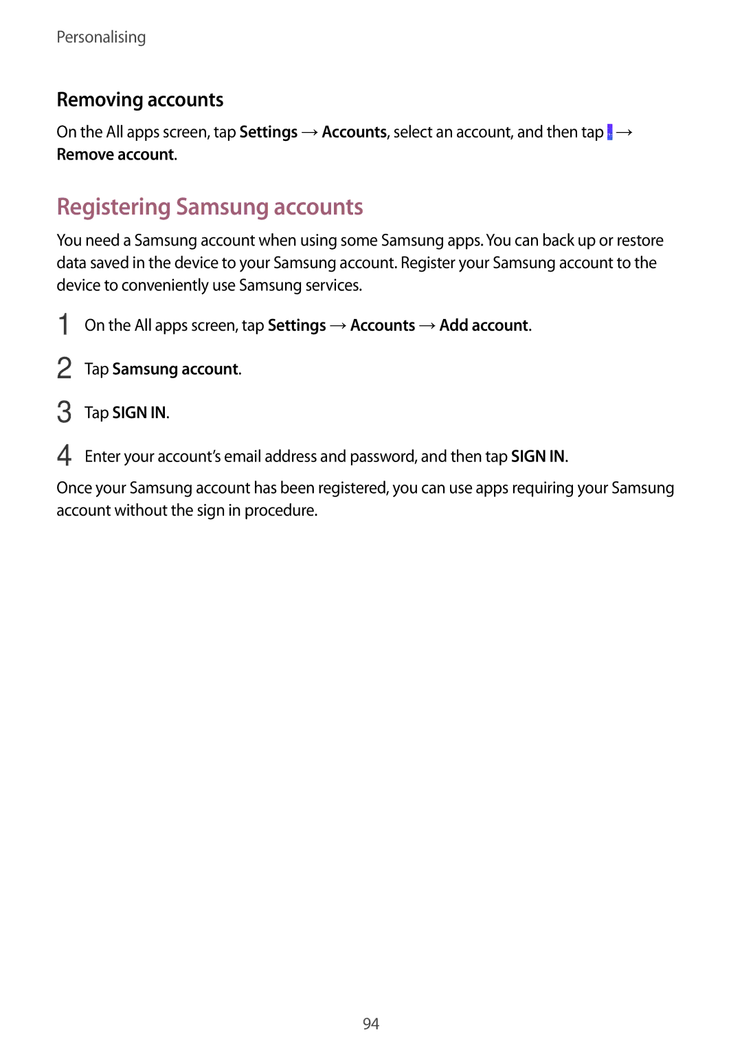 Samsung SM-N915FZKYATO, SM-N915FZWYEUR manual Registering Samsung accounts, Removing accounts, Tap Samsung account Tap Sign 