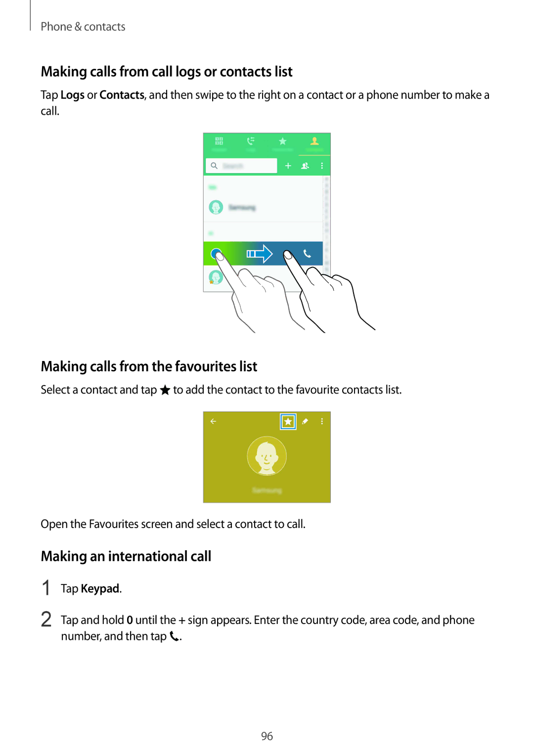 Samsung SM-N915FZKYTPH Making calls from call logs or contacts list, Making calls from the favourites list, Tap Keypad 