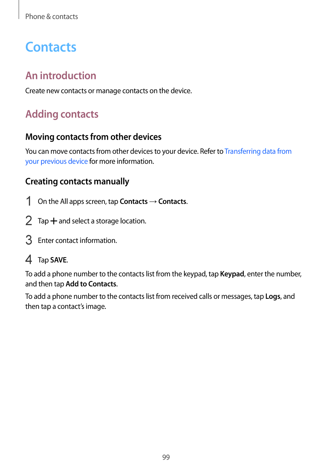 Samsung SM-N915FZKYEUR Contacts, Adding contacts, Moving contacts from other devices, Creating contacts manually 