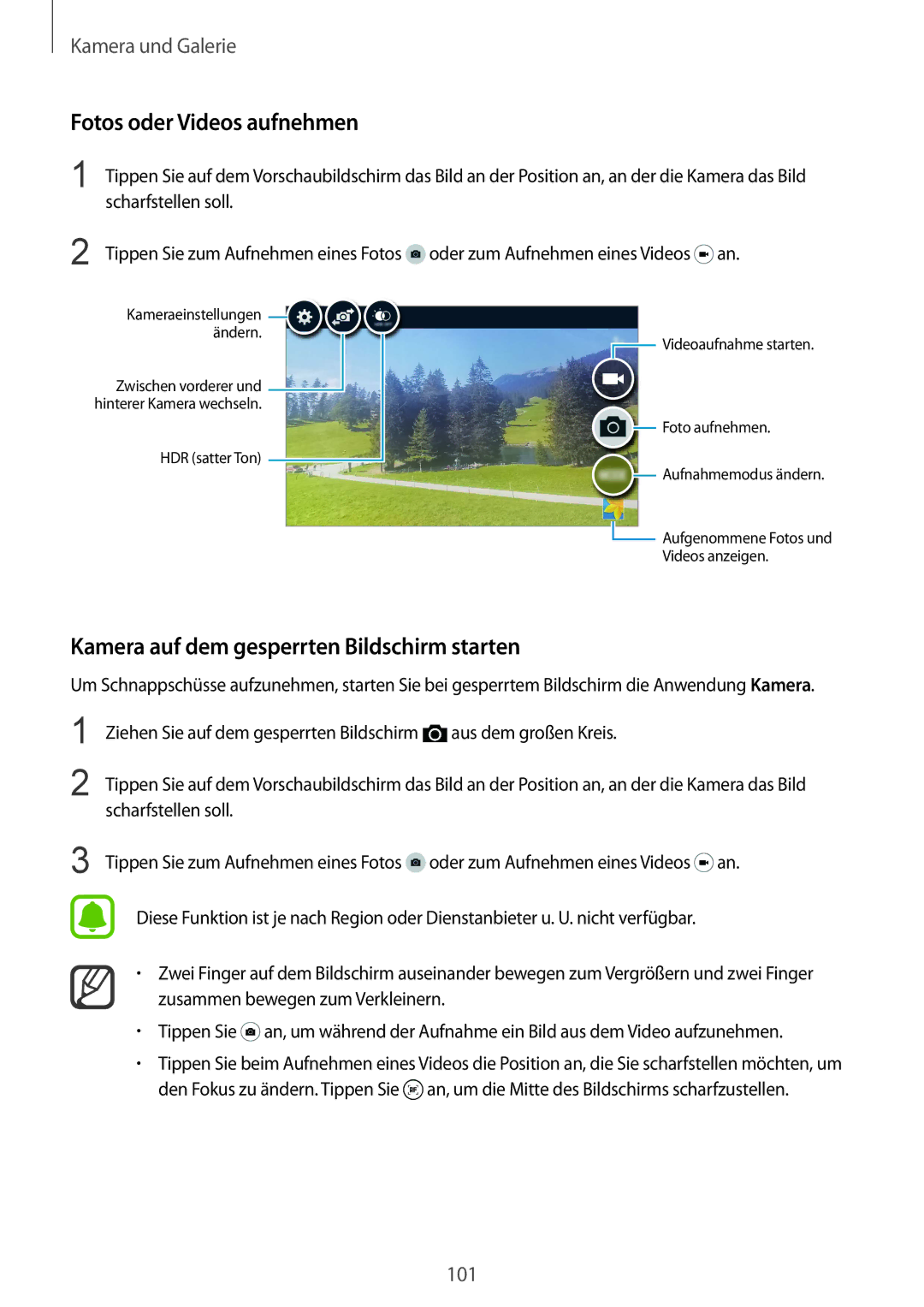 Samsung SM-N915FZWYTPH, SM-N915FZWYEUR manual Fotos oder Videos aufnehmen, Kamera auf dem gesperrten Bildschirm starten 