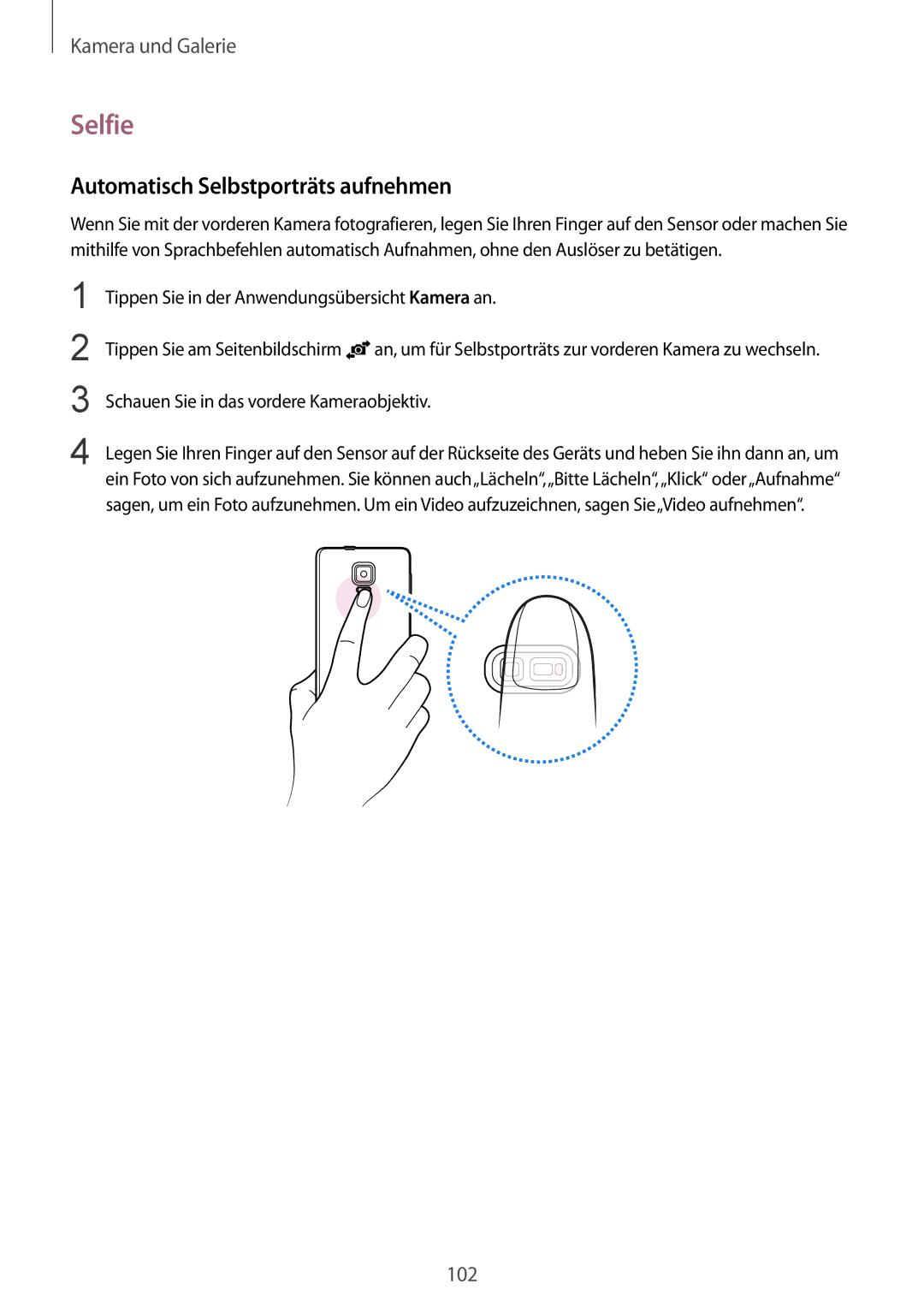 Samsung SM-N915FZKYTPH, SM-N915FZWYEUR, SM-N915FZKYATO, SM-N915FZWYTPH manual Selfie, Automatisch Selbstporträts aufnehmen 