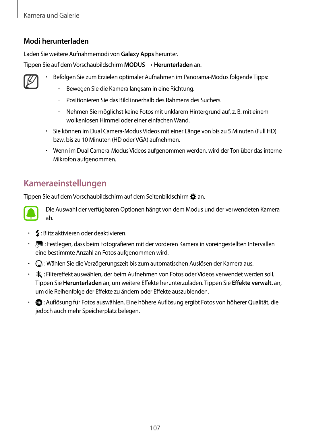 Samsung SM-N915FZKYSEB, SM-N915FZWYEUR, SM-N915FZKYATO, SM-N915FZWYTPH manual Kameraeinstellungen, Modi herunterladen 