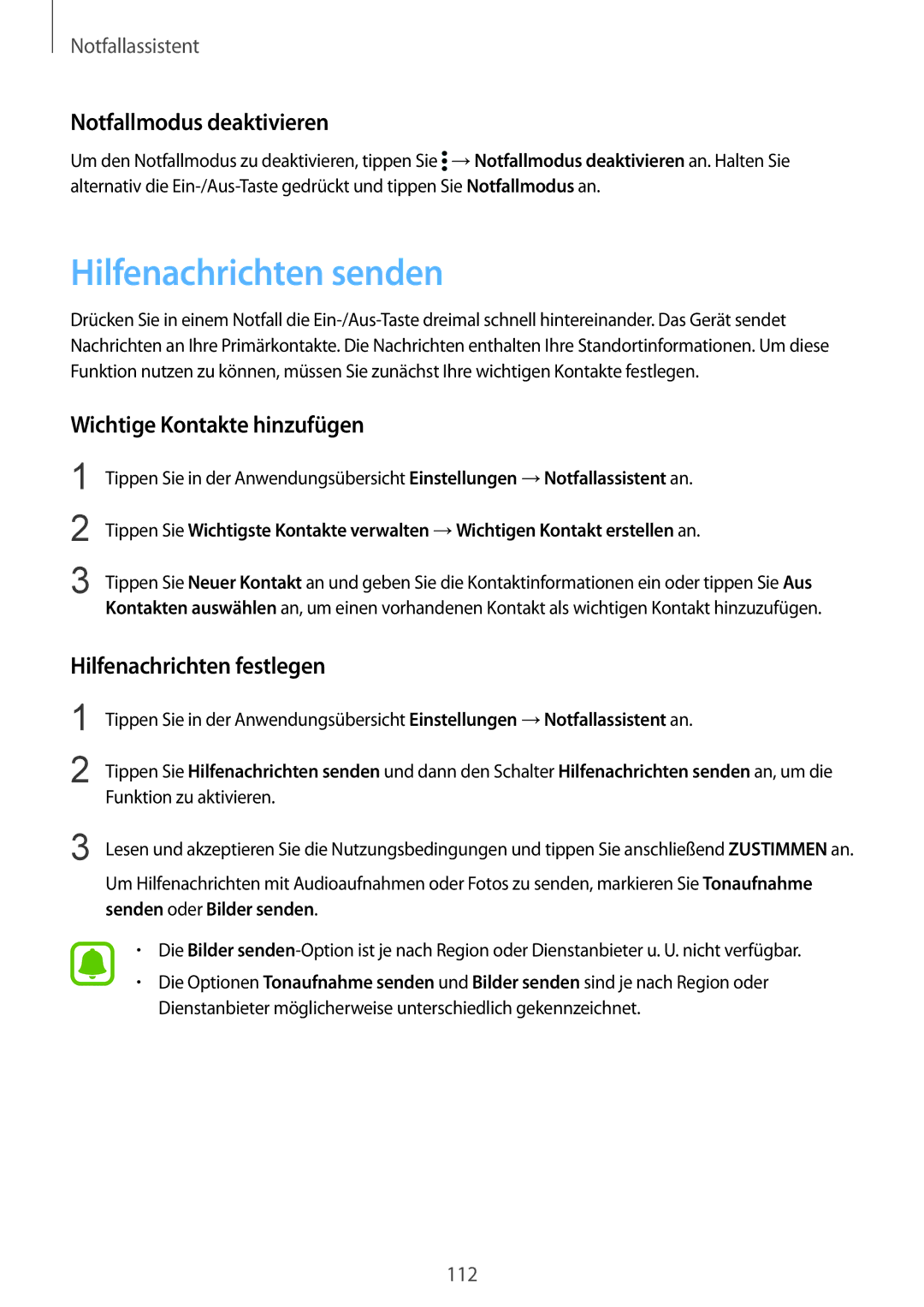 Samsung SM-N915FZWYTPH, SM-N915FZWYEUR Hilfenachrichten senden, Notfallmodus deaktivieren, Wichtige Kontakte hinzufügen 