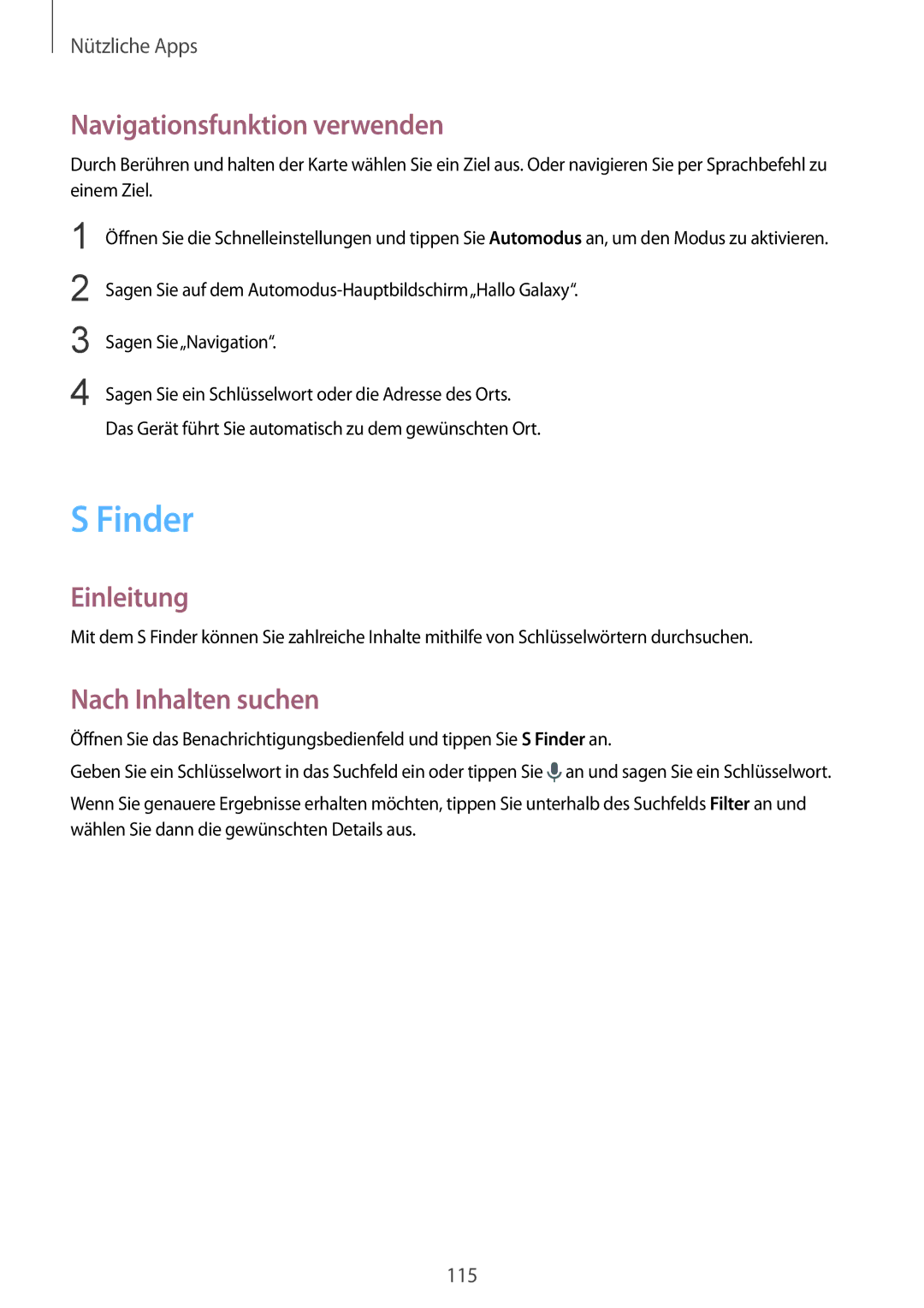 Samsung SM-N915FZWYDBT, SM-N915FZWYEUR, SM-N915FZKYATO manual Finder, Navigationsfunktion verwenden, Nach Inhalten suchen 