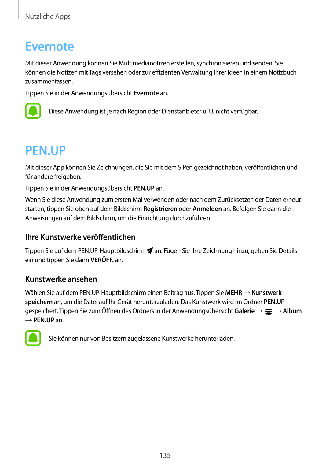 Samsung SM-N915FZKYTPH, SM-N915FZWYEUR manual Evernote, Ihre Kunstwerke veröffentlichen, Kunstwerke ansehen, → PEN.UP an 