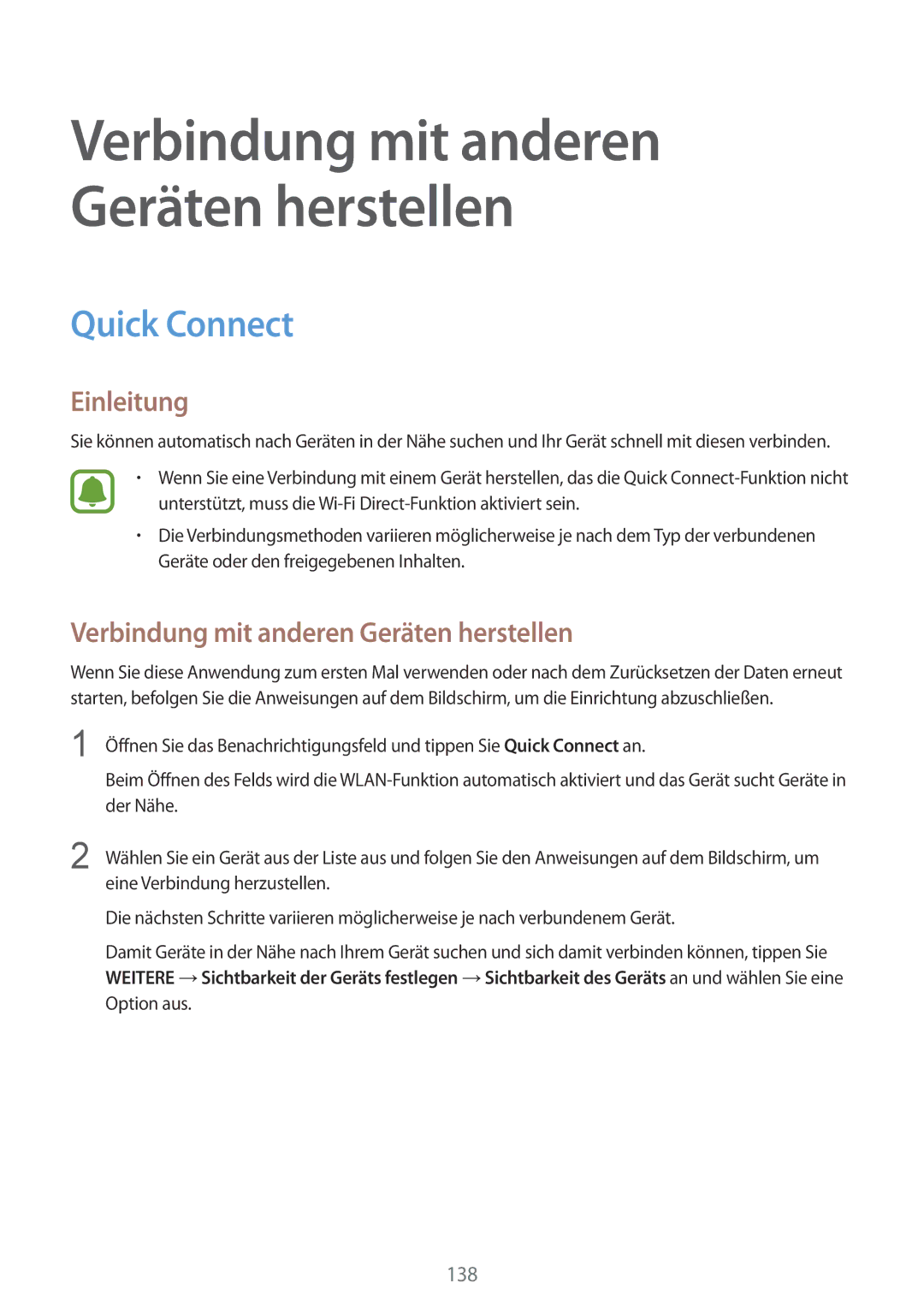 Samsung SM-N915FZKYEUR, SM-N915FZWYEUR, SM-N915FZKYATO manual Quick Connect, Verbindung mit anderen Geräten herstellen 