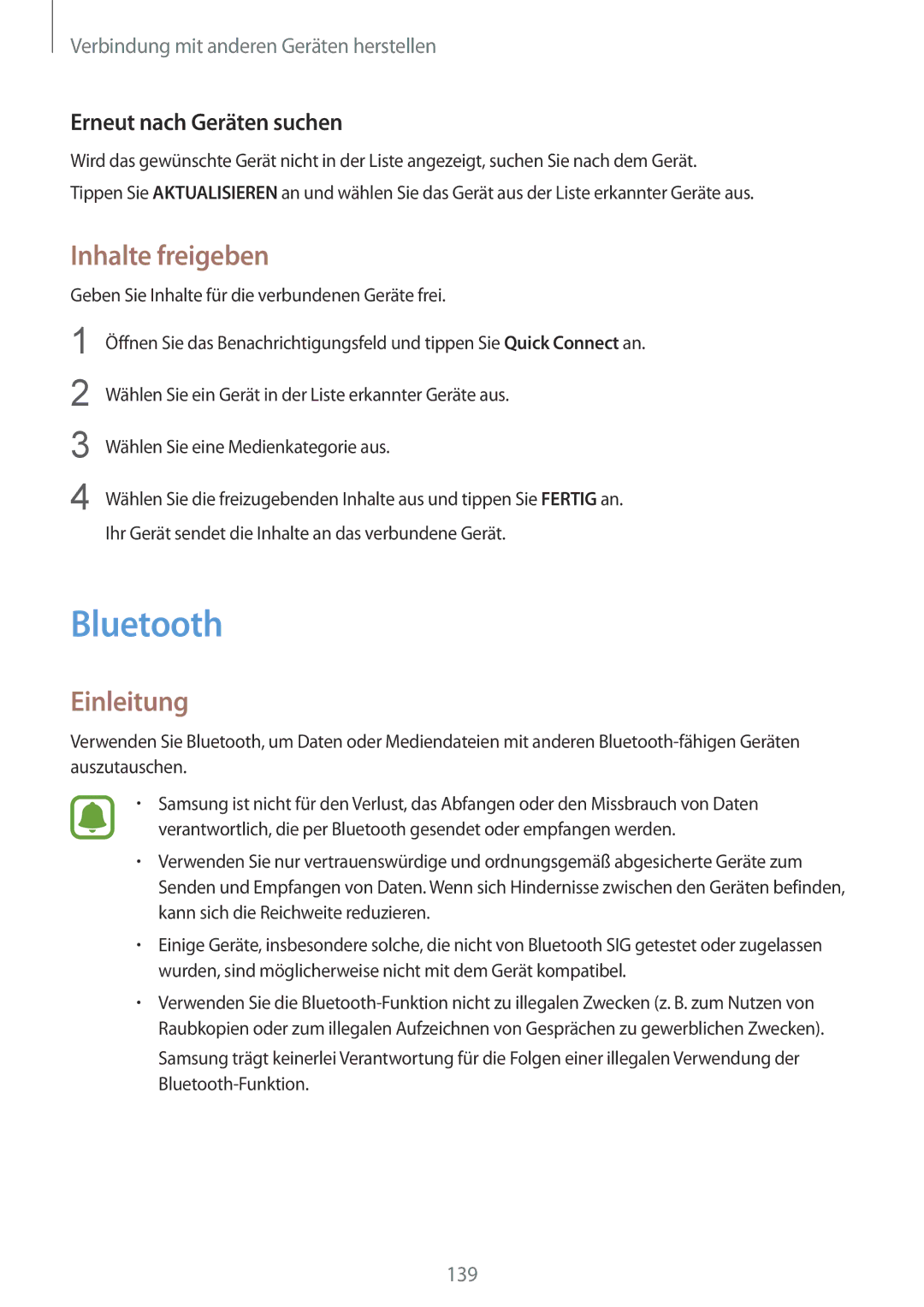 Samsung SM-N915FZWYATO, SM-N915FZWYEUR, SM-N915FZKYATO manual Bluetooth, Inhalte freigeben, Erneut nach Geräten suchen 