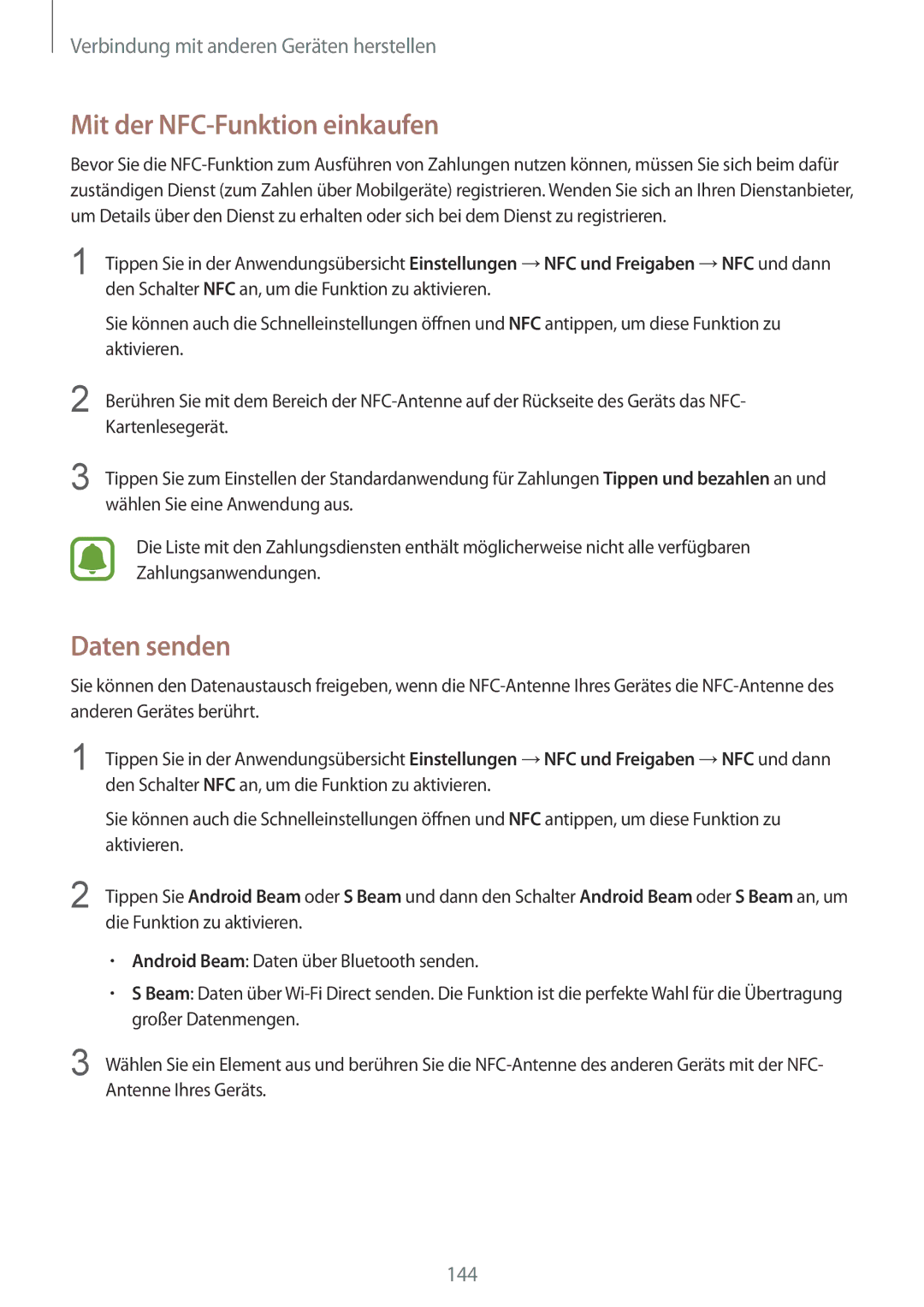 Samsung SM-N915FZKYATO, SM-N915FZWYEUR, SM-N915FZWYTPH, SM-N915FZKYTPH manual Mit der NFC-Funktion einkaufen, Daten senden 