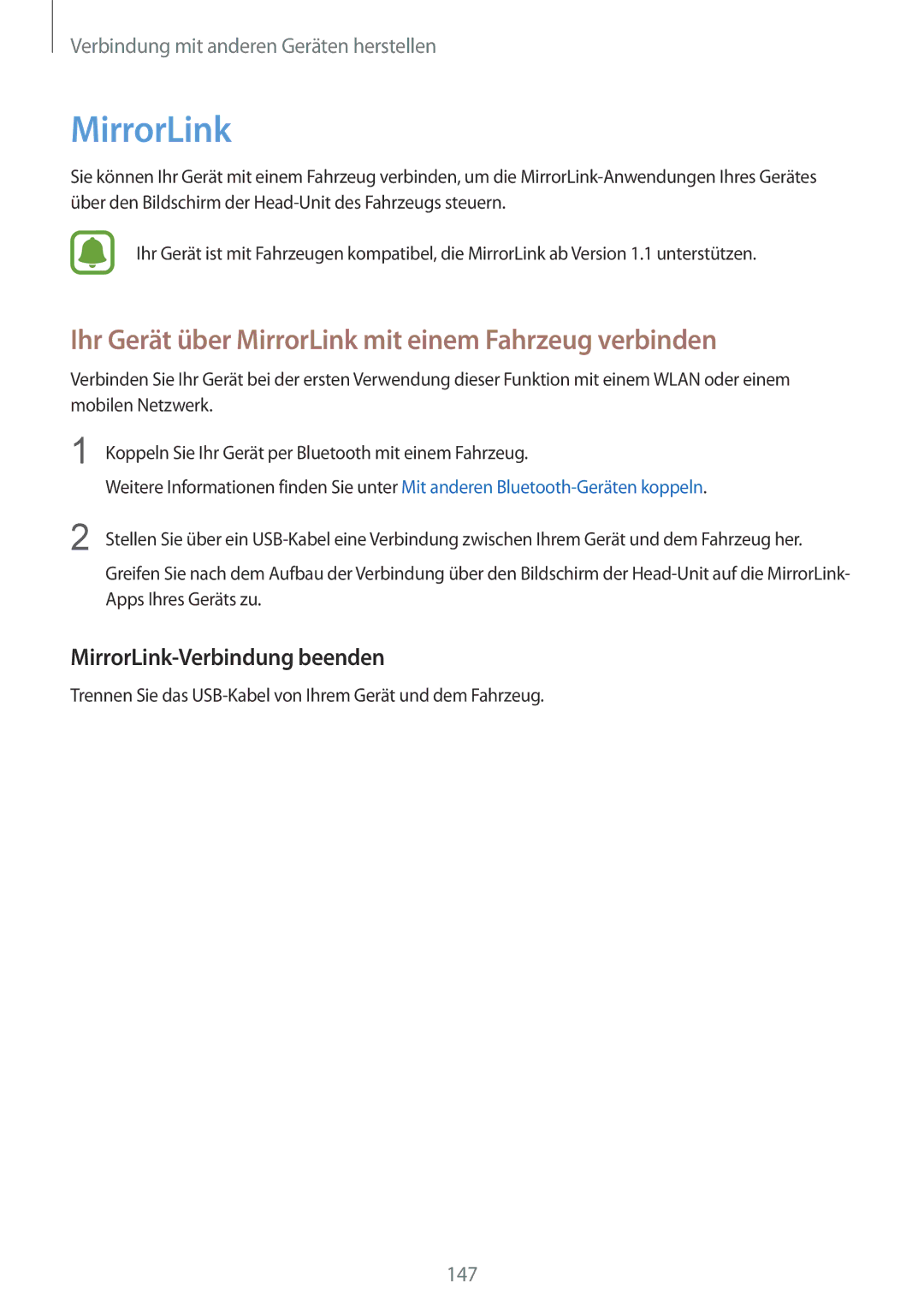 Samsung SM-N915FZWYXEO manual Ihr Gerät über MirrorLink mit einem Fahrzeug verbinden, MirrorLink-Verbindung beenden 