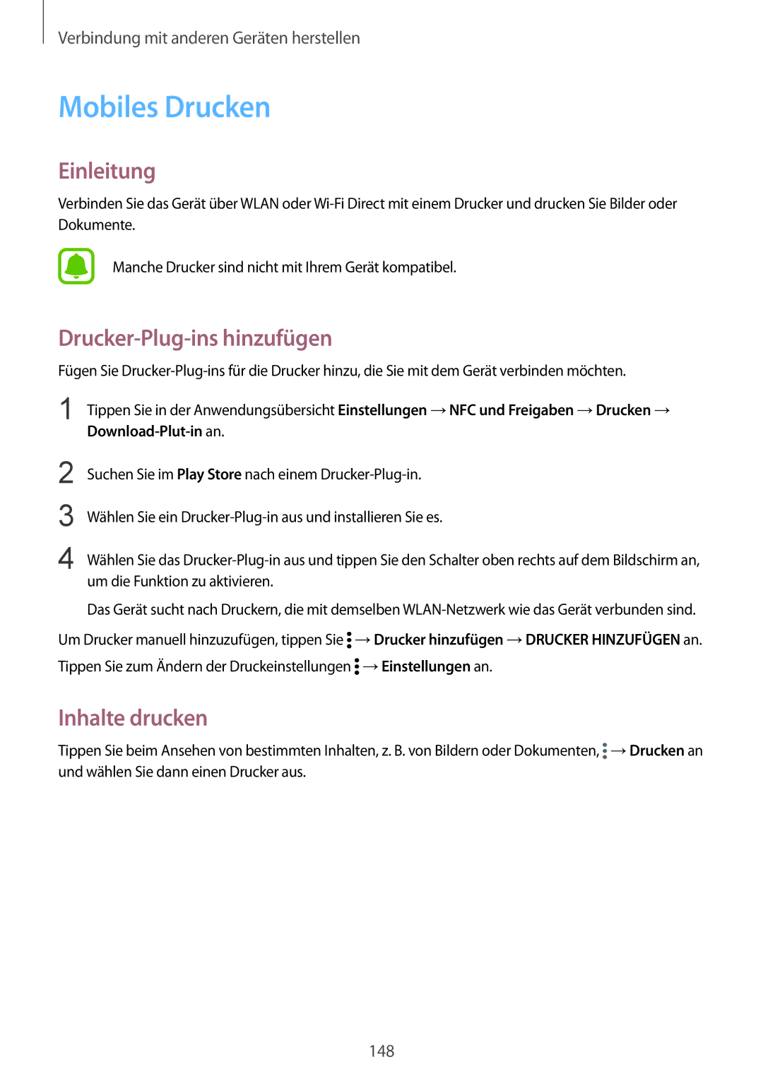 Samsung SM-N915FZWYDBT, SM-N915FZWYEUR, SM-N915FZKYATO manual Mobiles Drucken, Drucker-Plug-ins hinzufügen, Inhalte drucken 