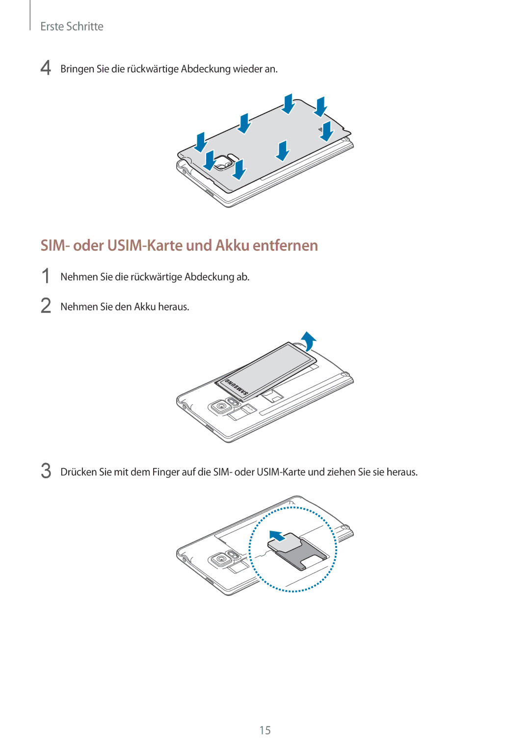 Samsung SM-N915FZWYXEO, SM-N915FZWYEUR, SM-N915FZKYATO, SM-N915FZWYTPH manual SIM- oder USIM-Karte und Akku entfernen 