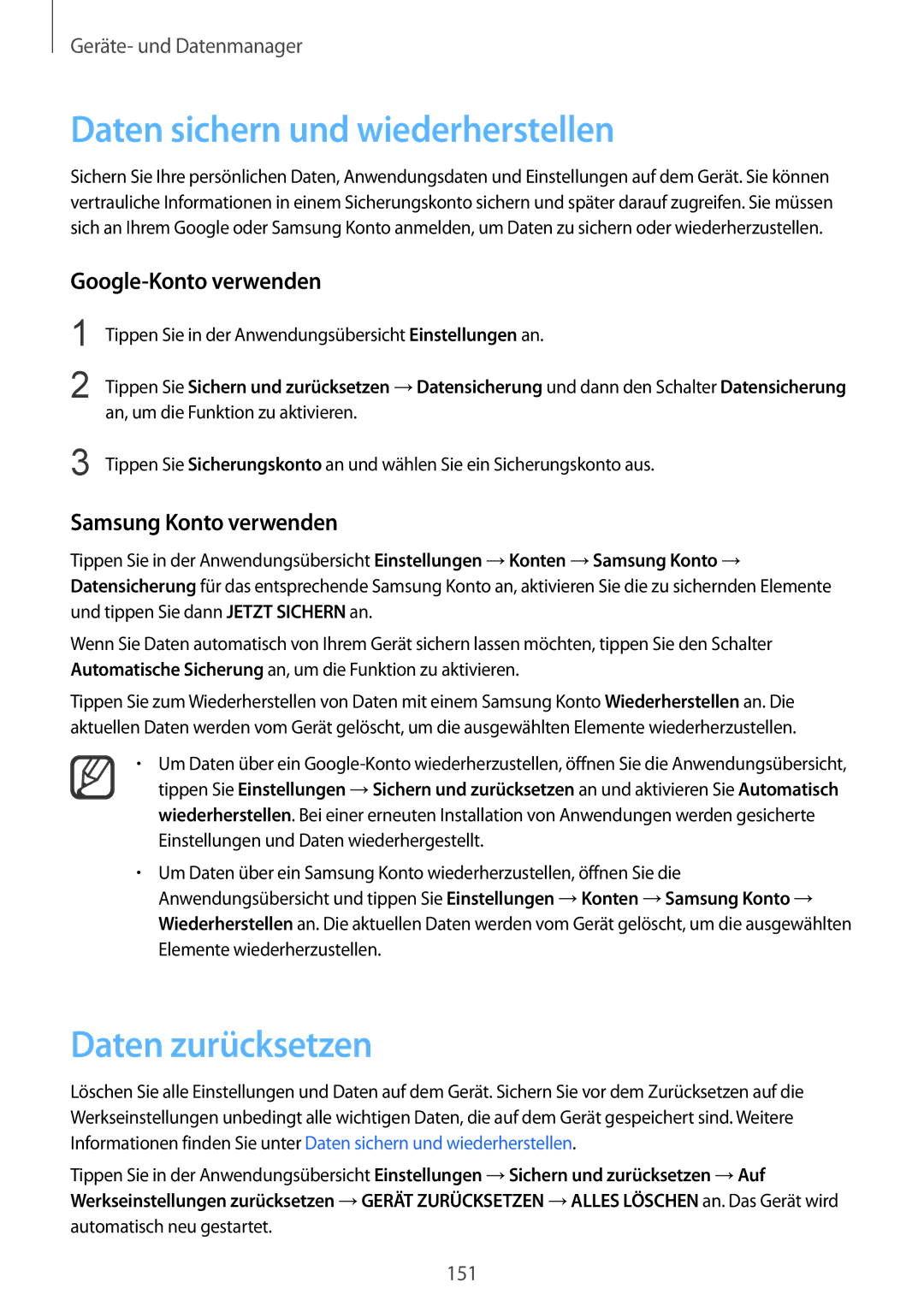 Samsung SM-N915FZKYSEB, SM-N915FZWYEUR manual Daten sichern und wiederherstellen, Daten zurücksetzen, Google-Konto verwenden 