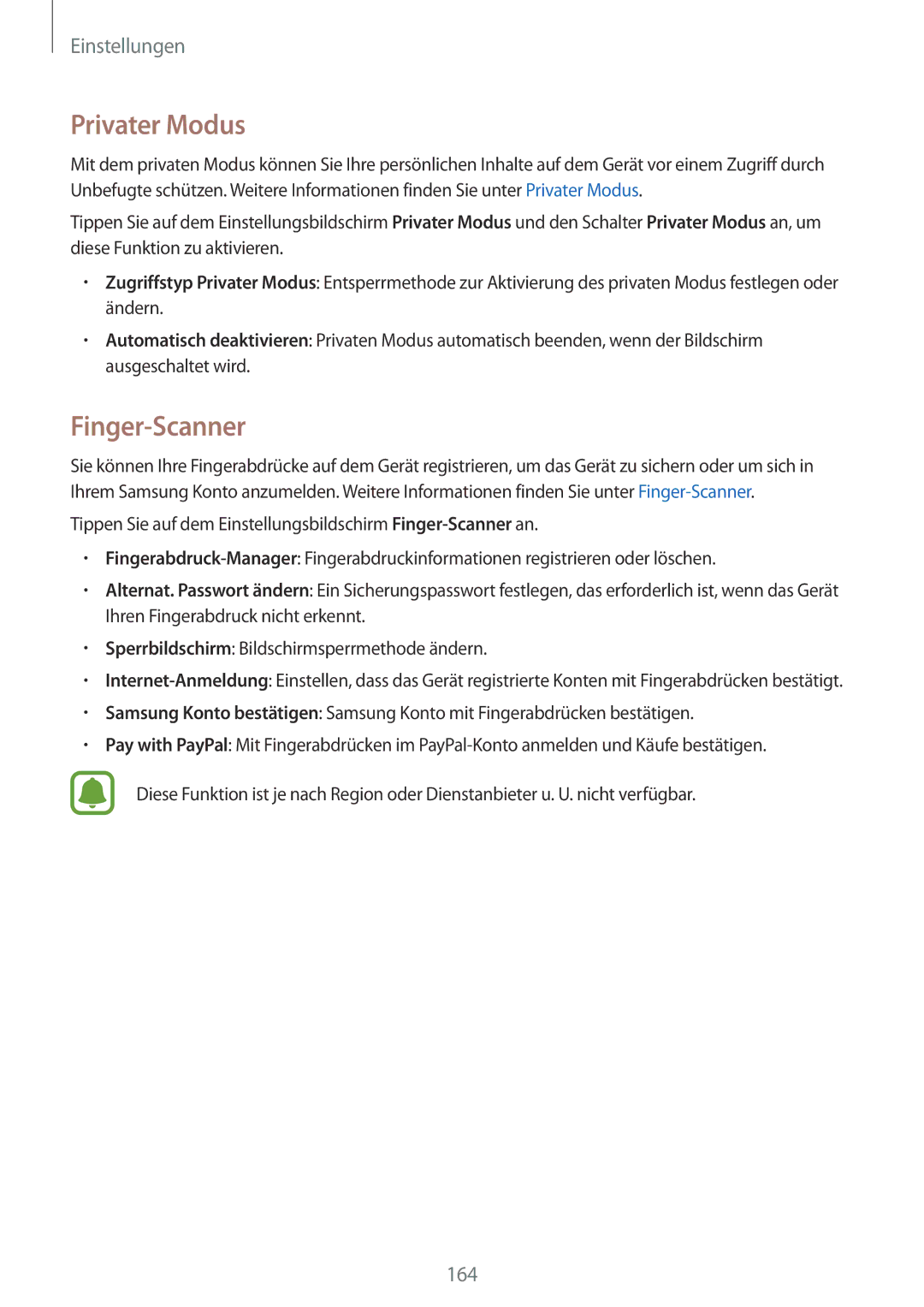 Samsung SM-N915FZKYXEF, SM-N915FZWYEUR, SM-N915FZKYATO, SM-N915FZWYTPH, SM-N915FZKYTPH manual Privater Modus, Finger-Scanner 