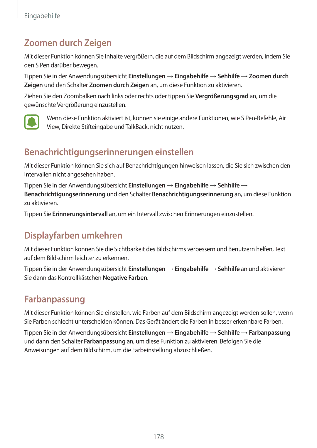 Samsung SM-N915FZWYTPH manual Zoomen durch Zeigen, Benachrichtigungserinnerungen einstellen, Displayfarben umkehren 
