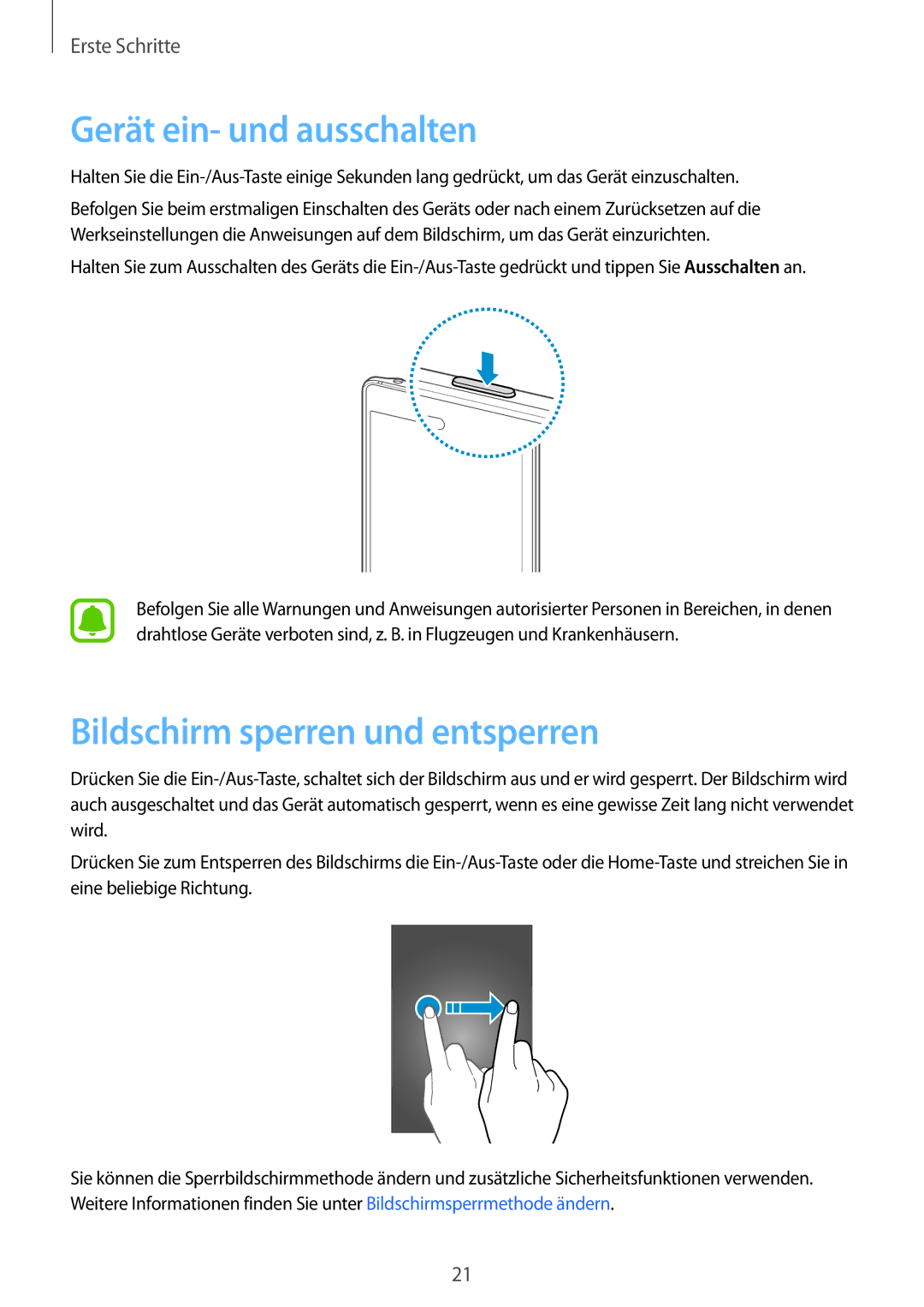 Samsung SM-N915FZKYXEF, SM-N915FZWYEUR, SM-N915FZKYATO manual Gerät ein- und ausschalten, Bildschirm sperren und entsperren 