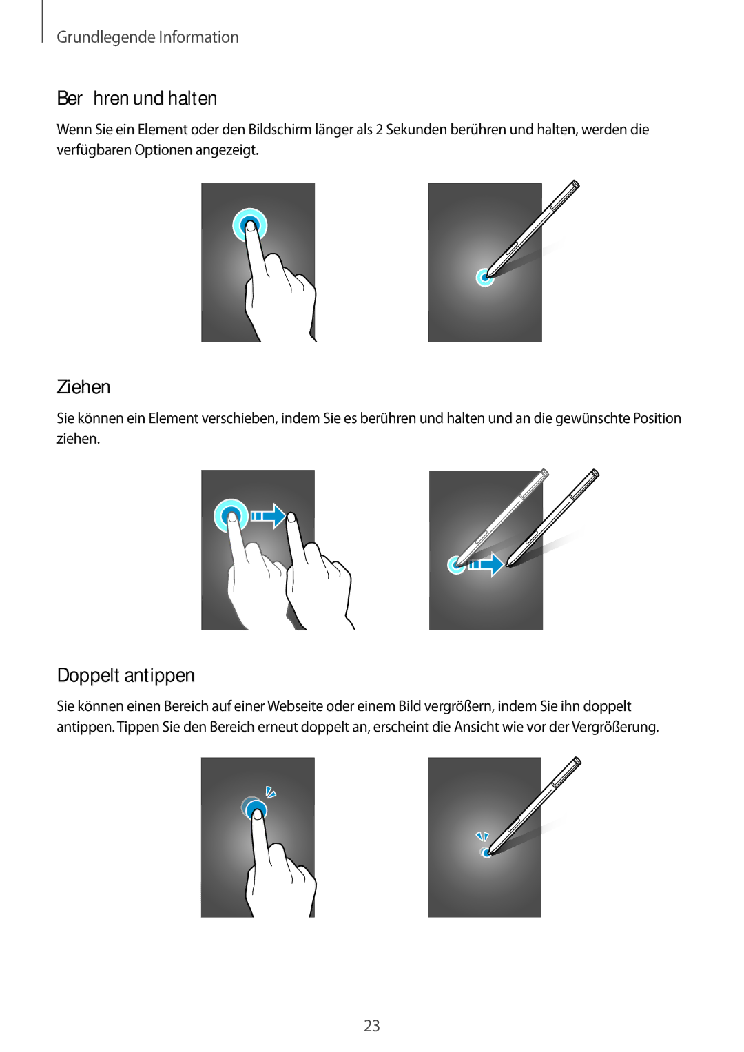 Samsung SM-N915FZKYATO, SM-N915FZWYEUR, SM-N915FZWYTPH, SM-N915FZKYTPH manual Berühren und halten, Ziehen, Doppelt antippen 