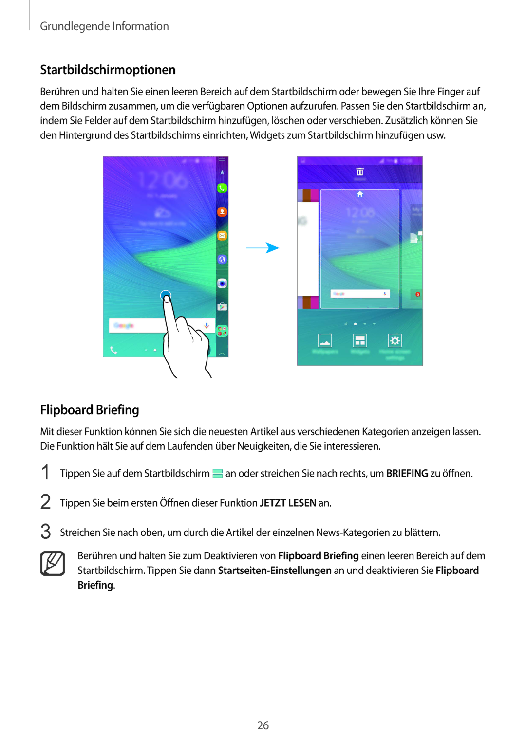 Samsung SM-N915FZWYXEO, SM-N915FZWYEUR, SM-N915FZKYATO, SM-N915FZWYTPH manual Startbildschirmoptionen, Flipboard Briefing 