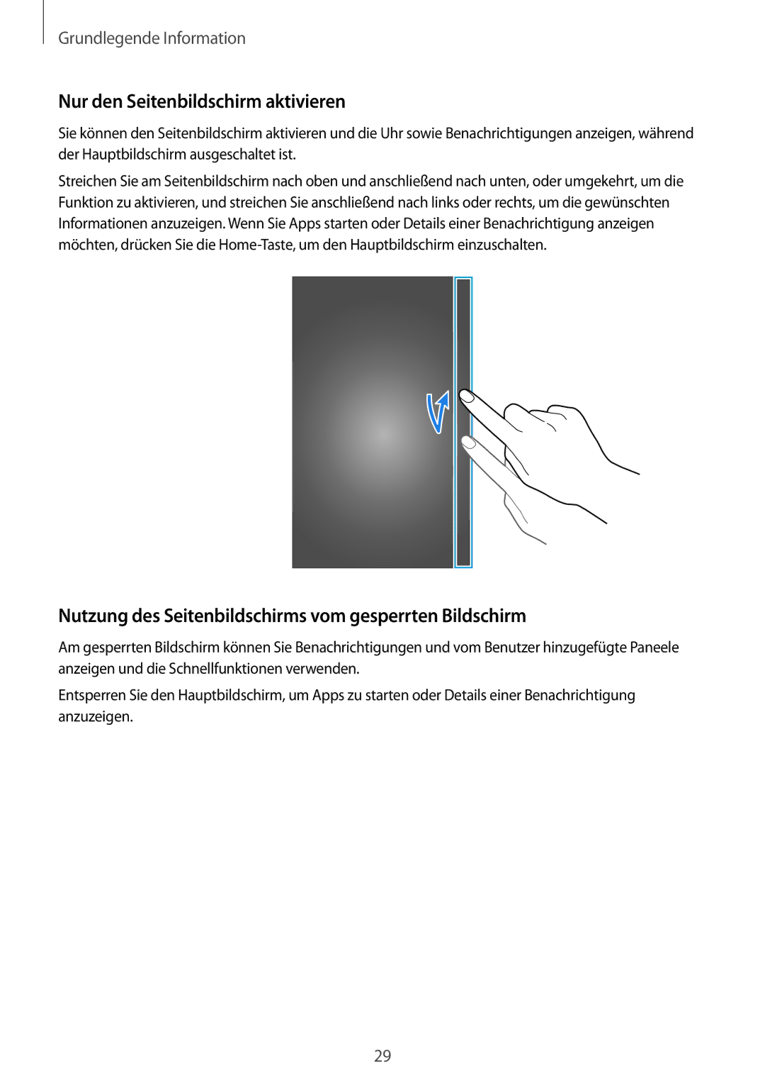 Samsung SM-N915FZWYATO manual Nur den Seitenbildschirm aktivieren, Nutzung des Seitenbildschirms vom gesperrten Bildschirm 