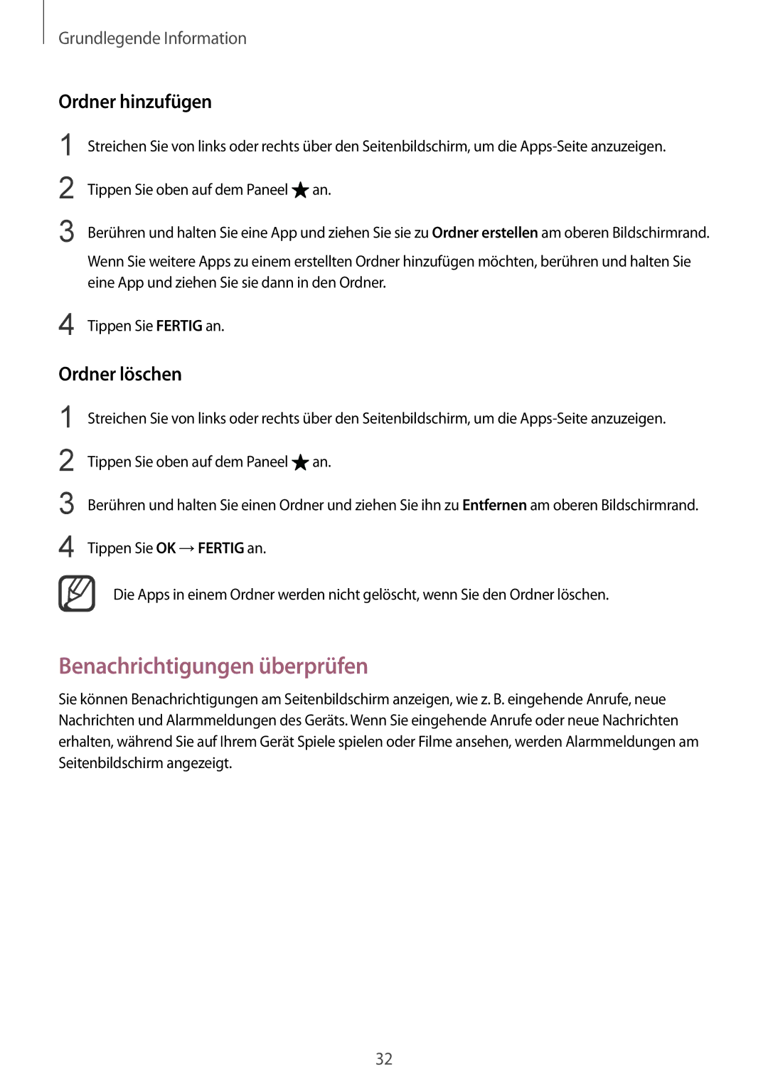 Samsung SM-N915FZKYXEF, SM-N915FZWYEUR, SM-N915FZKYATO Benachrichtigungen überprüfen, Ordner hinzufügen, Ordner löschen 