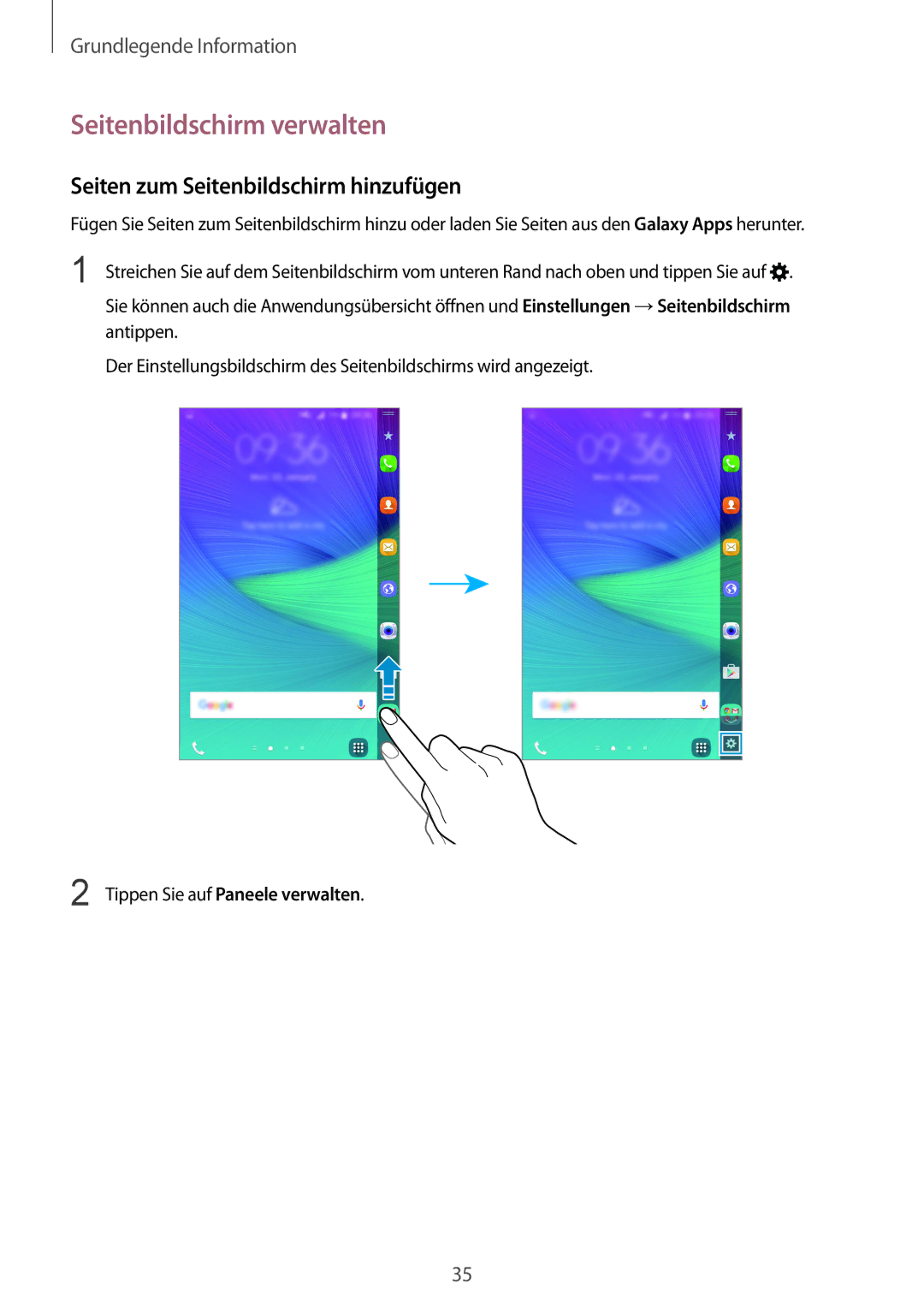 Samsung SM-N915FZWYTPH, SM-N915FZWYEUR, SM-N915FZKYATO Seitenbildschirm verwalten, Seiten zum Seitenbildschirm hinzufügen 