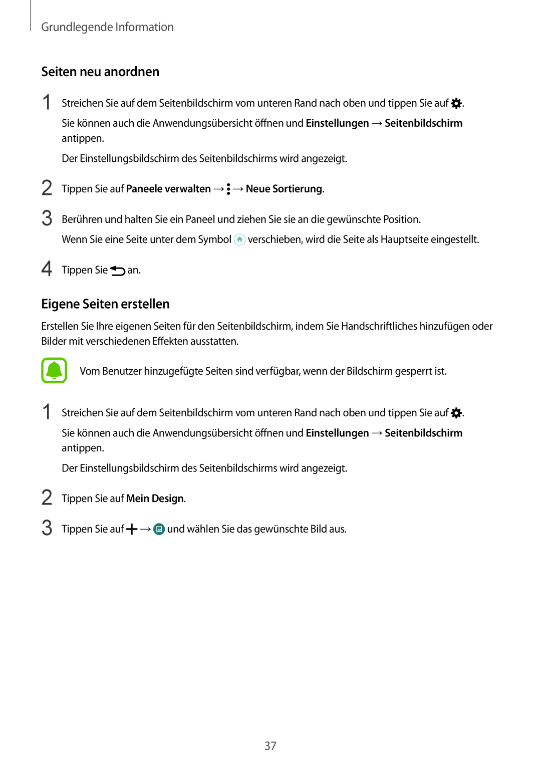 Samsung SM-N915FZWYXEO Seiten neu anordnen, Eigene Seiten erstellen, Tippen Sie auf Paneele verwalten → →Neue Sortierung 