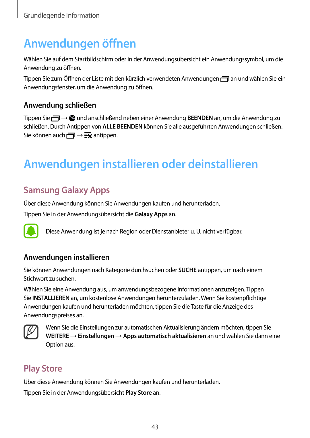 Samsung SM-N915FZKYXEF Anwendungen öffnen, Anwendungen installieren oder deinstallieren, Samsung Galaxy Apps, Play Store 