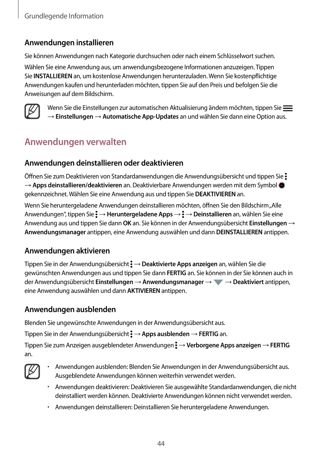 Samsung SM-N915FZWYEUR manual Anwendungen verwalten, Anwendungen deinstallieren oder deaktivieren, Anwendungen aktivieren 