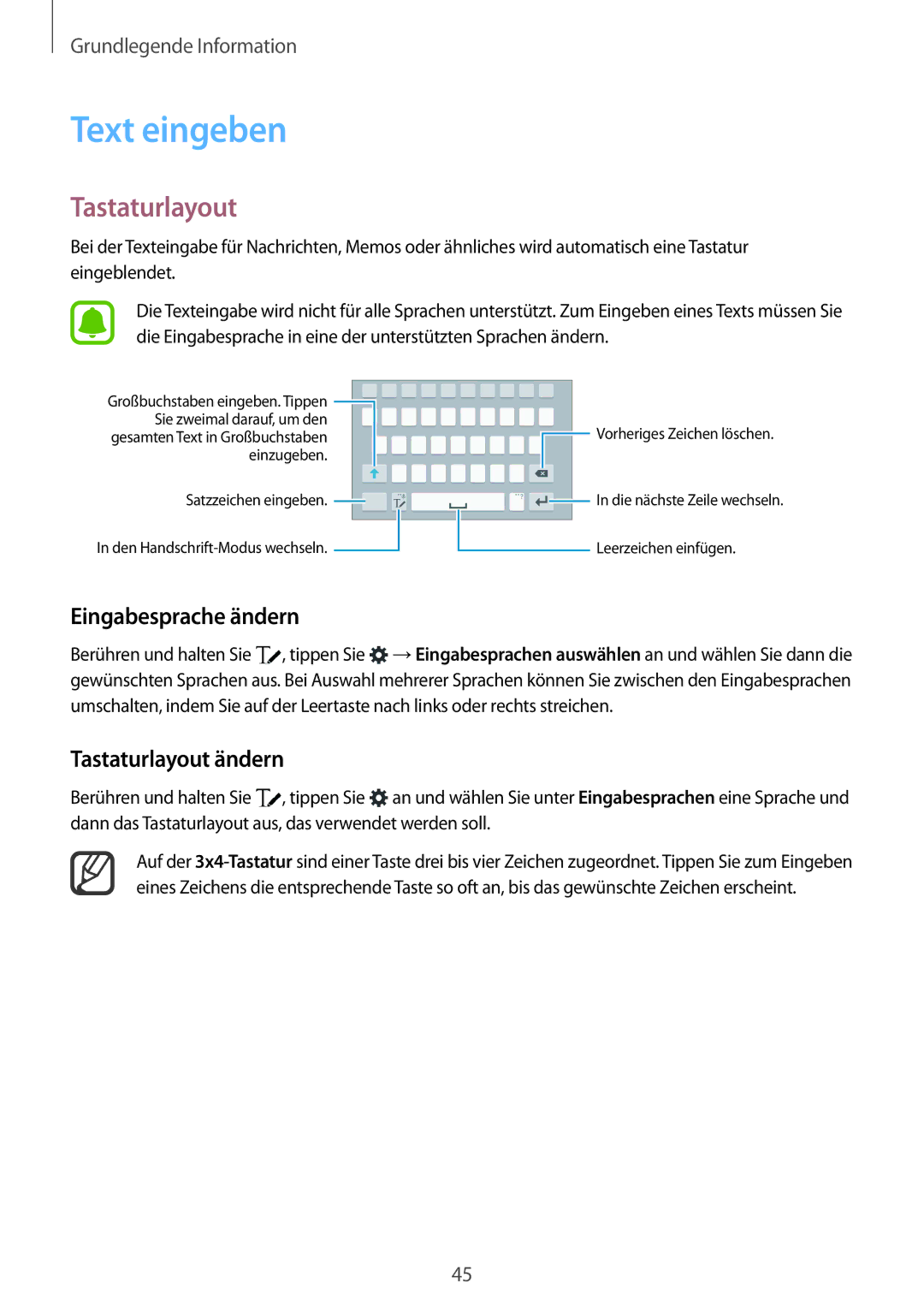 Samsung SM-N915FZKYATO, SM-N915FZWYEUR, SM-N915FZWYTPH manual Text eingeben, Eingabesprache ändern, Tastaturlayout ändern 