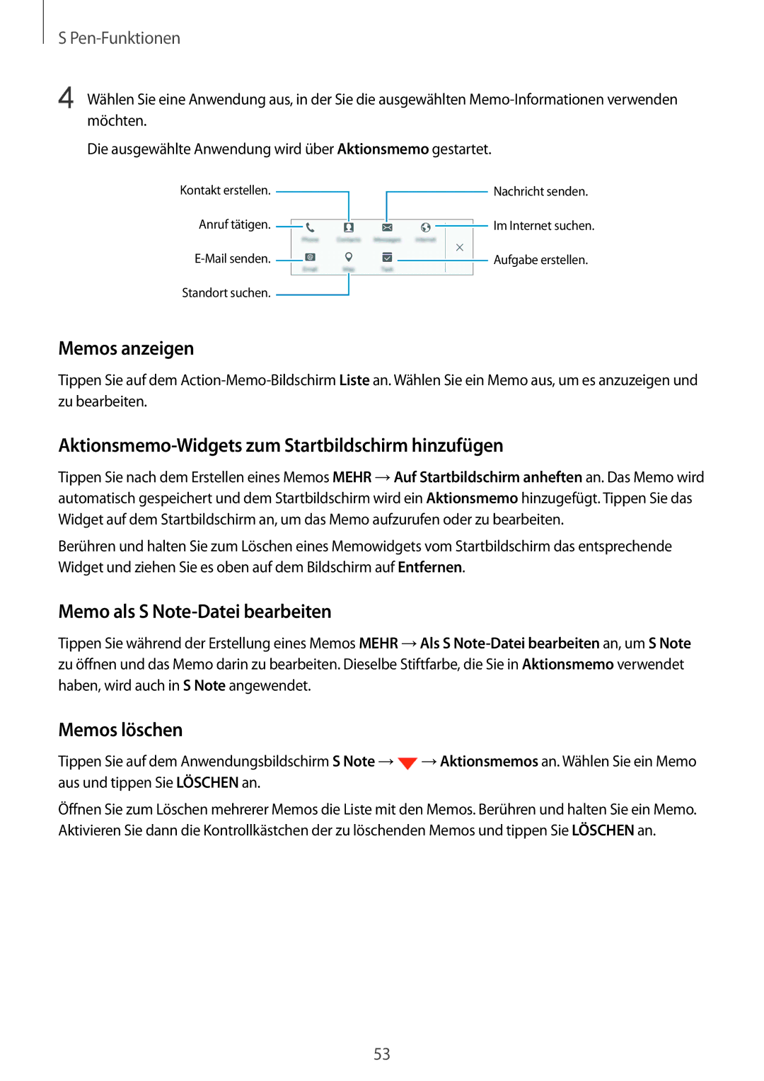 Samsung SM-N915FZKYDBT, SM-N915FZWYEUR Memos anzeigen, Aktionsmemo-Widgets zum Startbildschirm hinzufügen, Memos löschen 