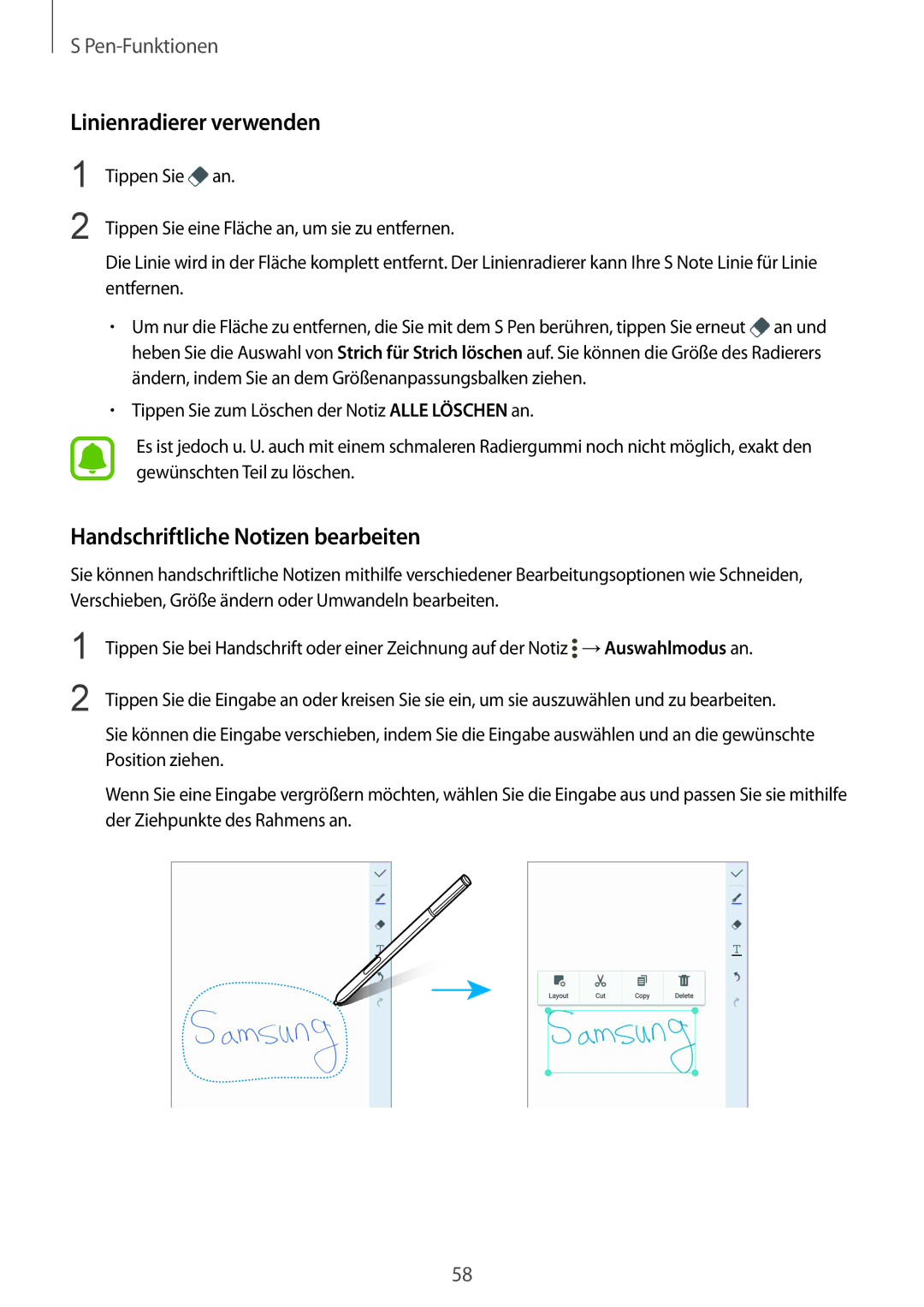 Samsung SM-N915FZKYTPH, SM-N915FZWYEUR, SM-N915FZKYATO manual Linienradierer verwenden, Handschriftliche Notizen bearbeiten 