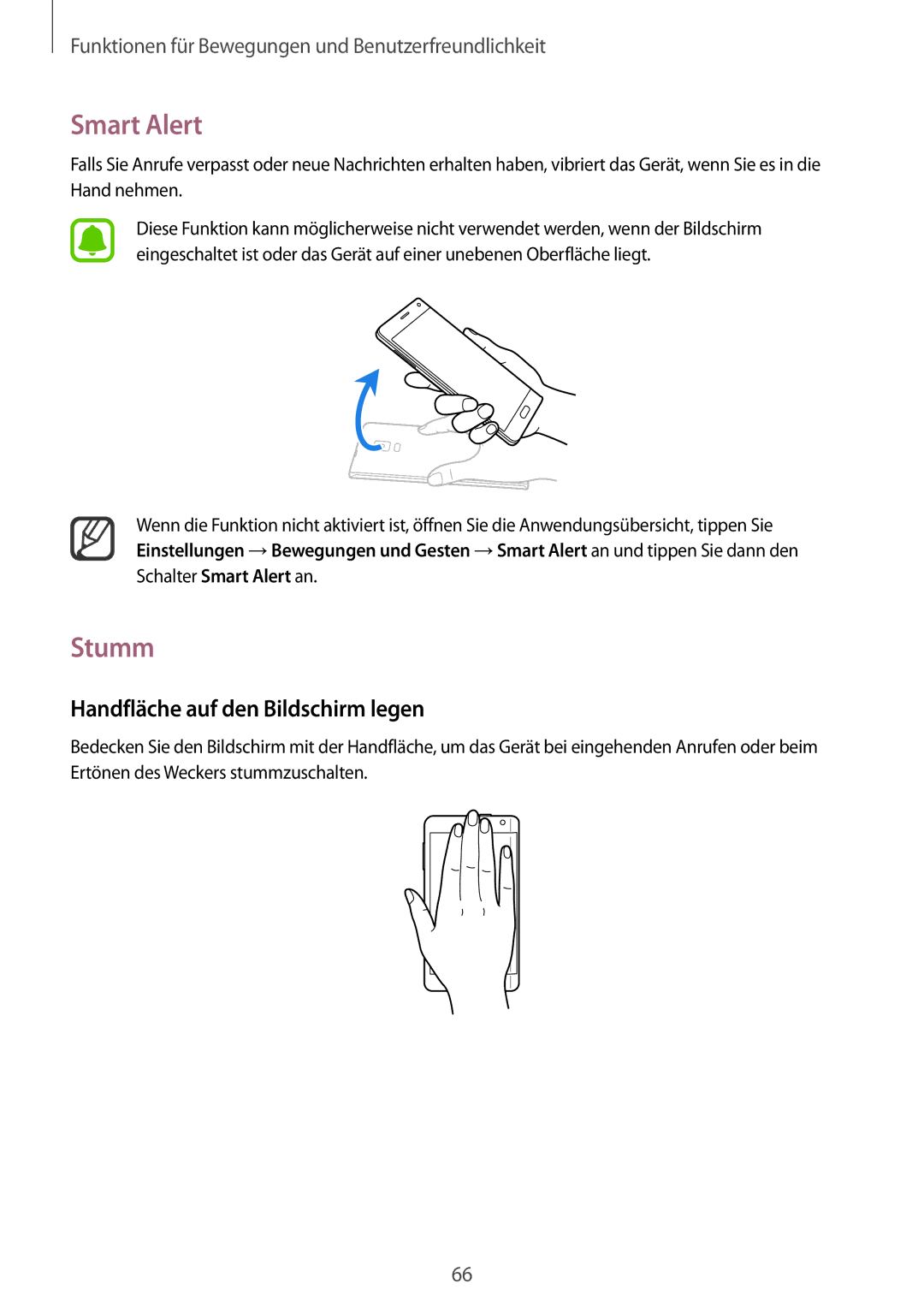 Samsung SM-N915FZWYEUR, SM-N915FZKYATO, SM-N915FZWYTPH manual Smart Alert, Stumm, Handfläche auf den Bildschirm legen 