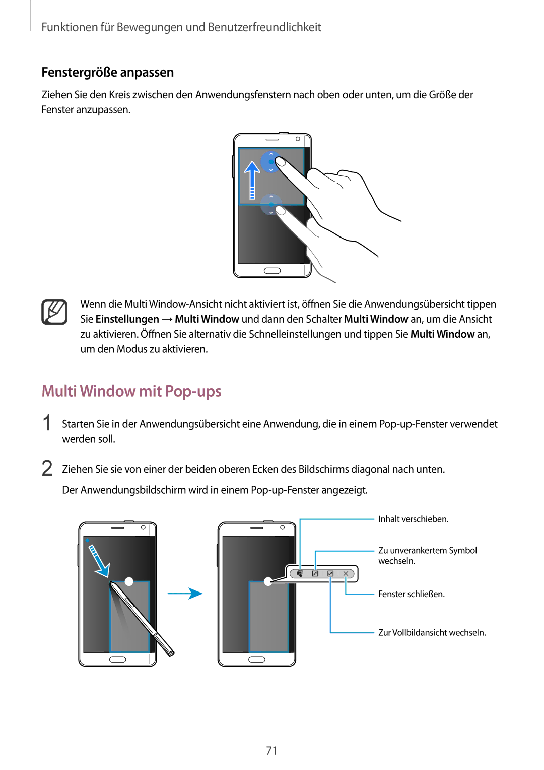 Samsung SM-N915FZWYDBT, SM-N915FZWYEUR, SM-N915FZKYATO, SM-N915FZWYTPH manual Multi Window mit Pop-ups, Fenstergröße anpassen 