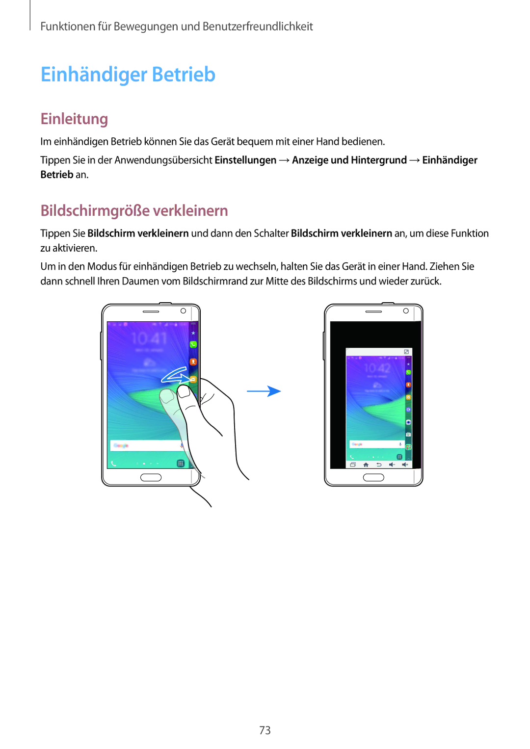 Samsung SM-N915FZWYATO, SM-N915FZWYEUR, SM-N915FZKYATO, SM-N915FZWYTPH manual Einhändiger Betrieb, Bildschirmgröße verkleinern 