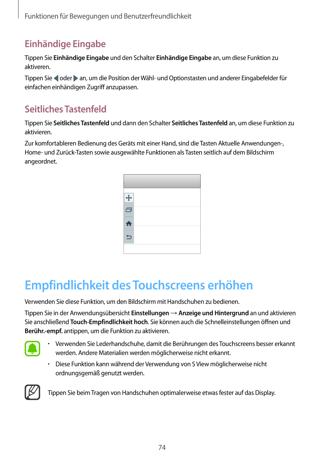 Samsung SM-N915FZKYSEB, SM-N915FZWYEUR Empfindlichkeit des Touchscreens erhöhen, Einhändige Eingabe, Seitliches Tastenfeld 