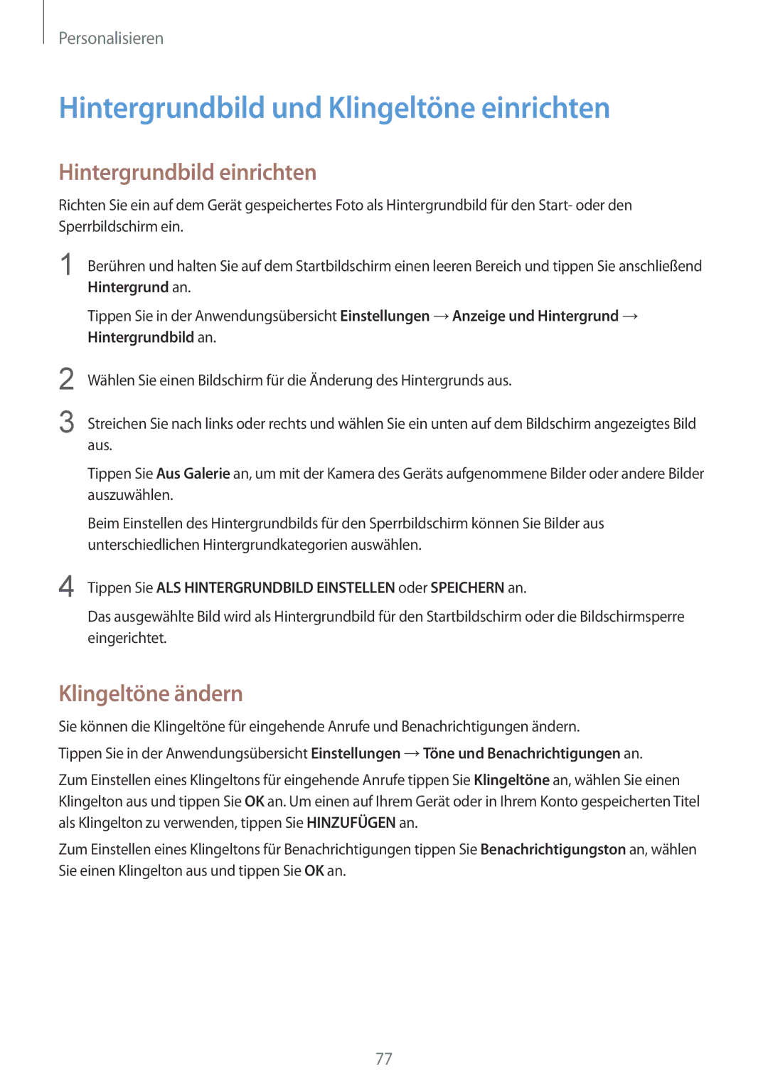 Samsung SM-N915FZWYEUR manual Hintergrundbild und Klingeltöne einrichten, Hintergrundbild einrichten, Klingeltöne ändern 