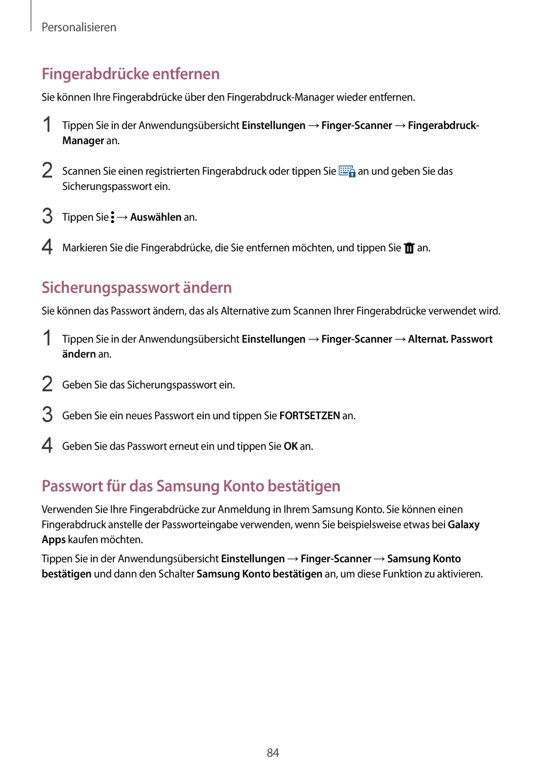 Samsung SM-N915FZWYATO Fingerabdrücke entfernen, Sicherungspasswort ändern, Passwort für das Samsung Konto bestätigen 