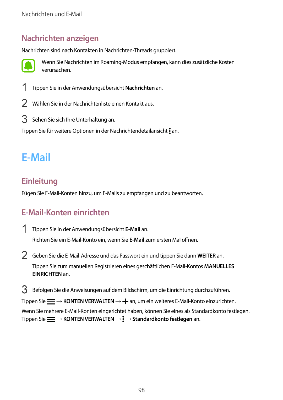 Samsung SM-N915FZKYXEF, SM-N915FZWYEUR, SM-N915FZKYATO manual Nachrichten anzeigen, Mail-Konten einrichten, Einrichten an 